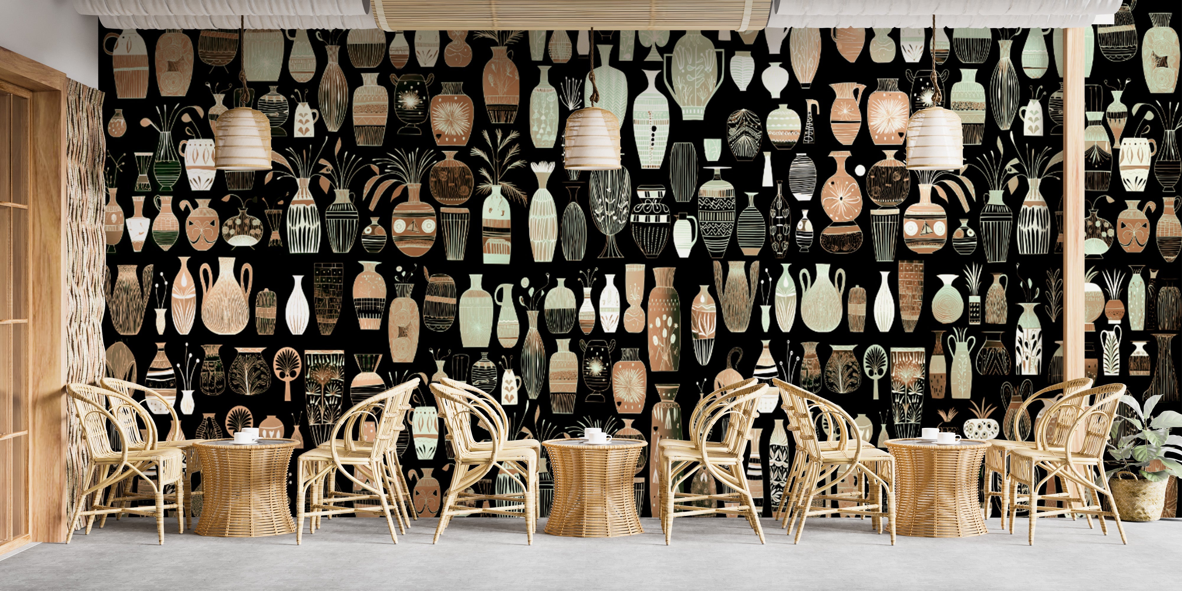 Elegant woodcut vase wallpaper murals for a chic room.
