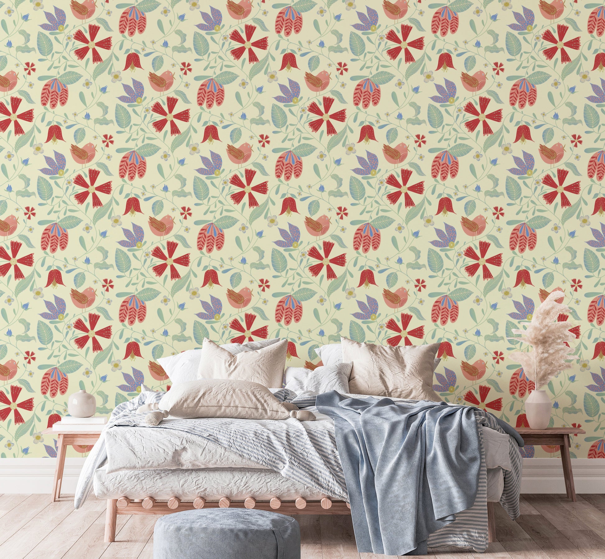 Artistic wallpaper featuring colorful folksy bird designs.
