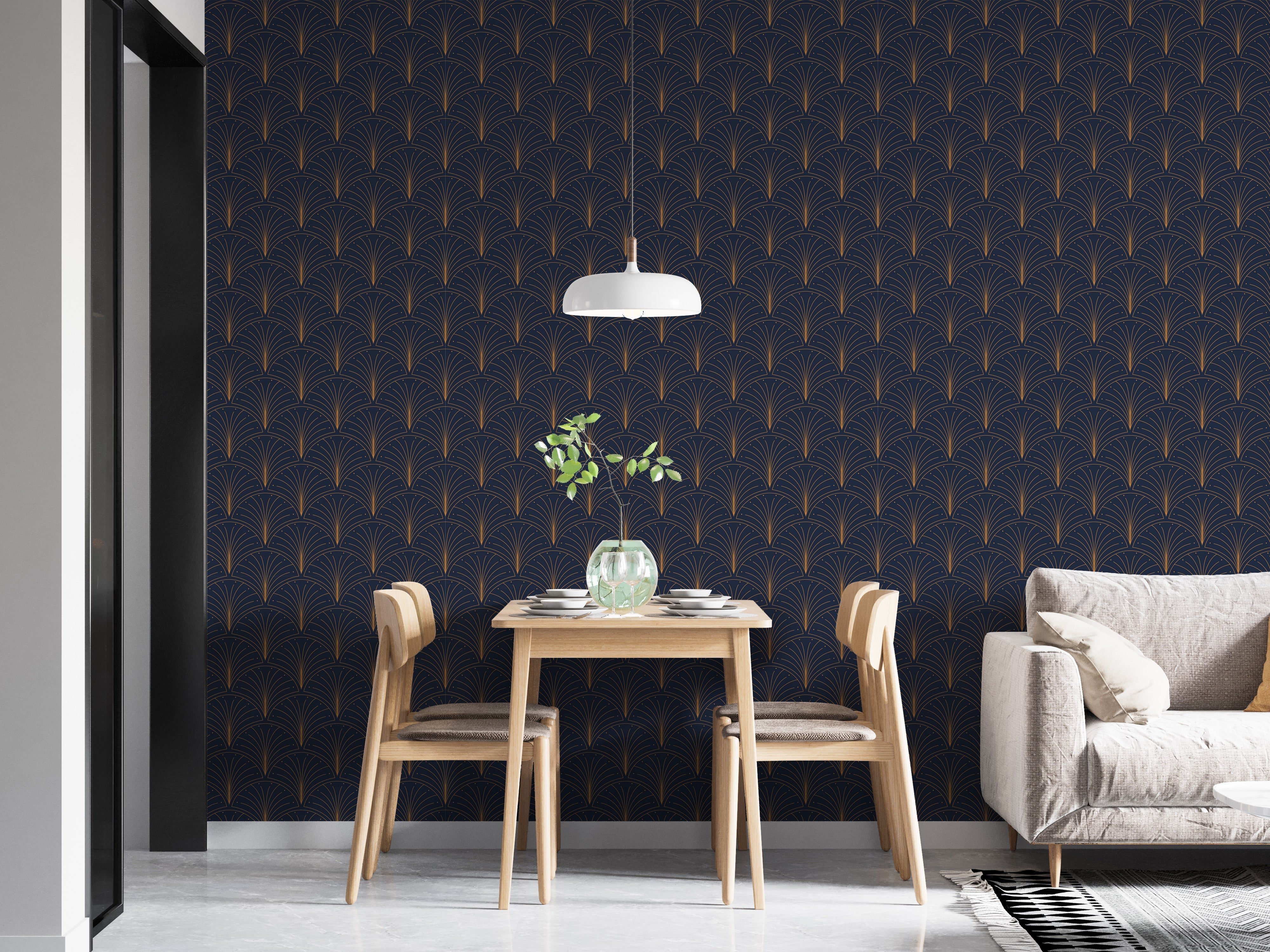 Elegant blue and gold art deco wallpaper
