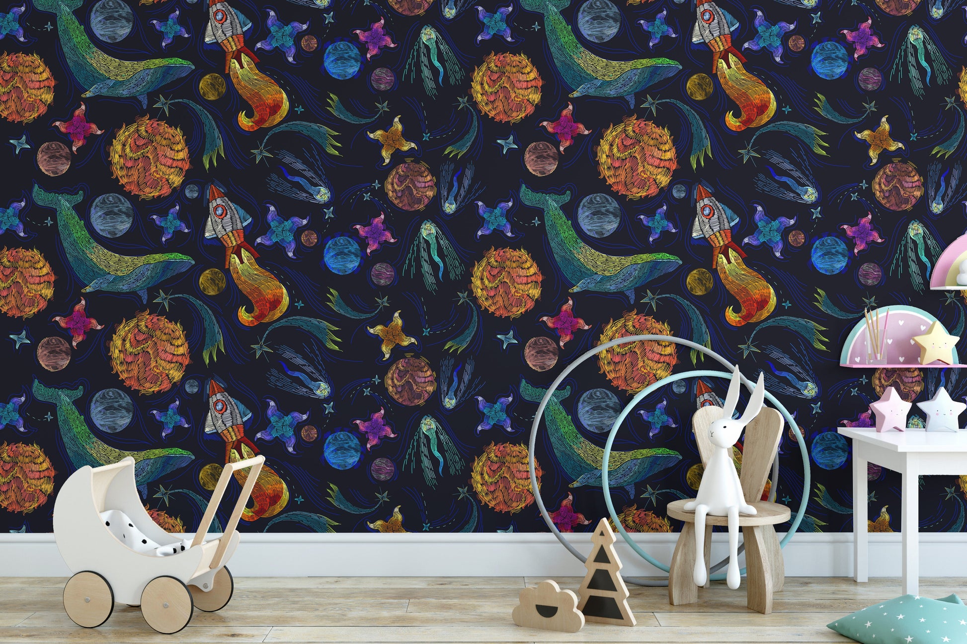 Whimsical galaxy wallpaper with whales
