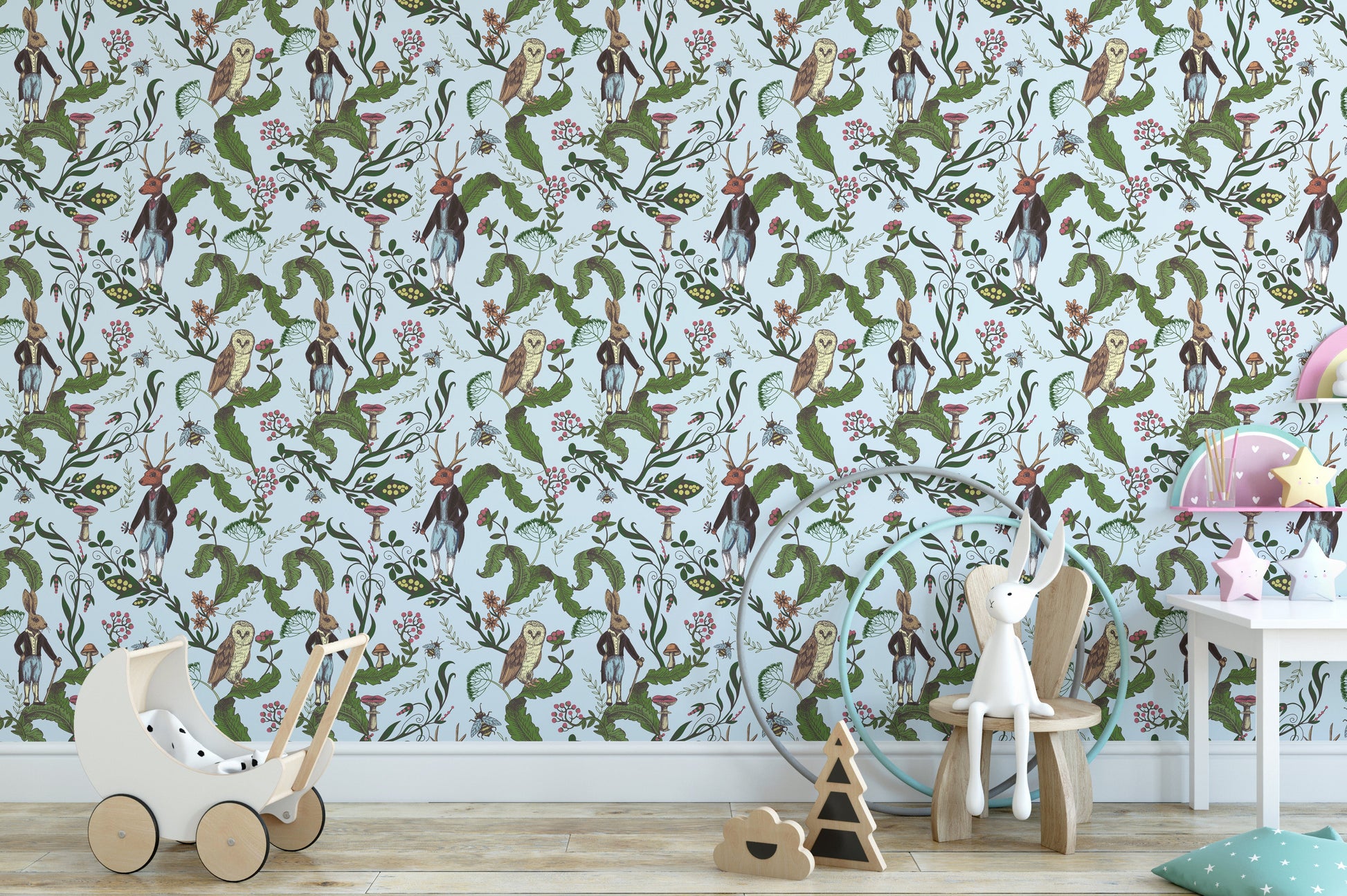 Nature-inspired owl and rabbit wallpaper
