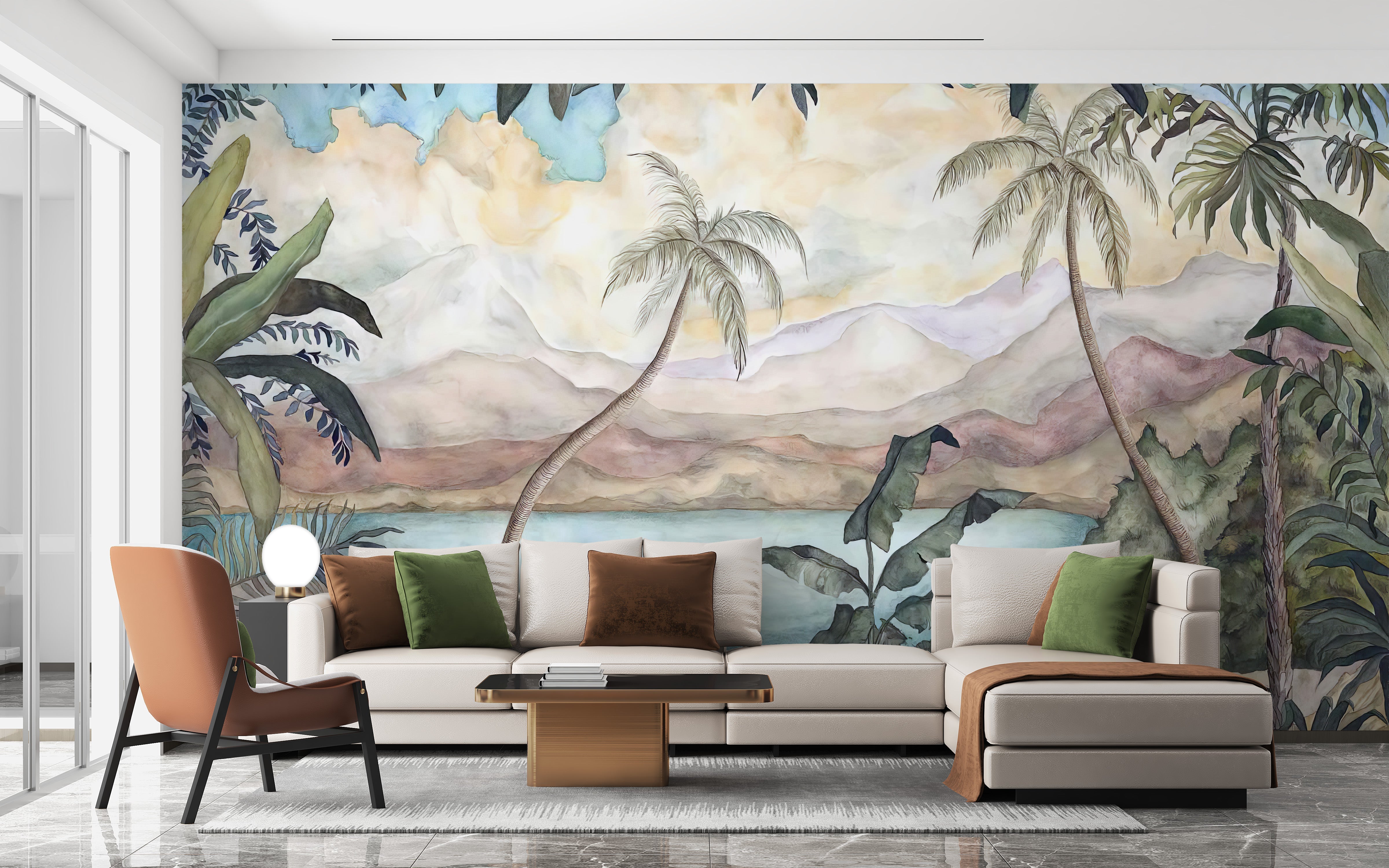 Scenic tropical pond vegetation wall mural
