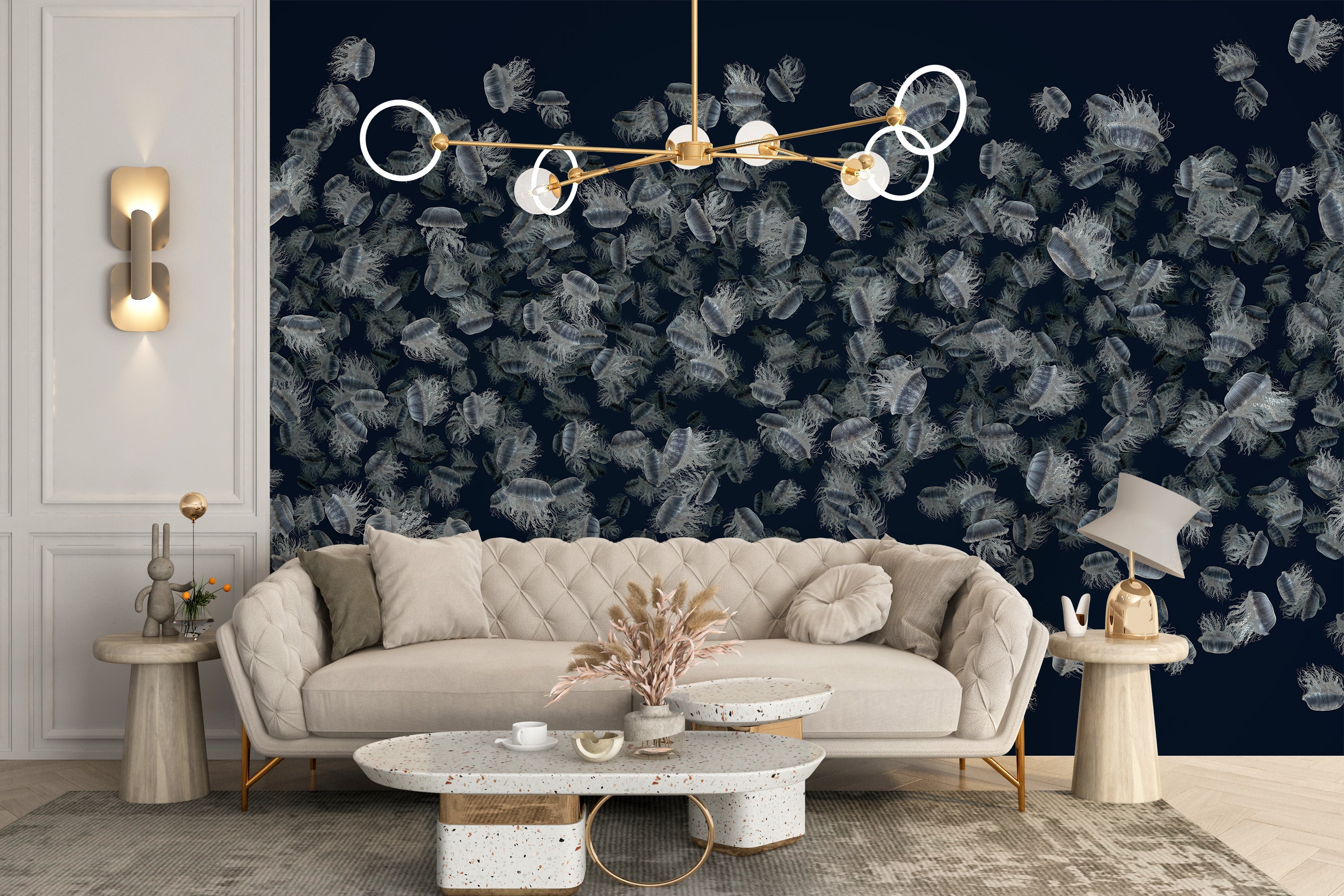 White jellyfish pattern mural on deep blue wallpaper
