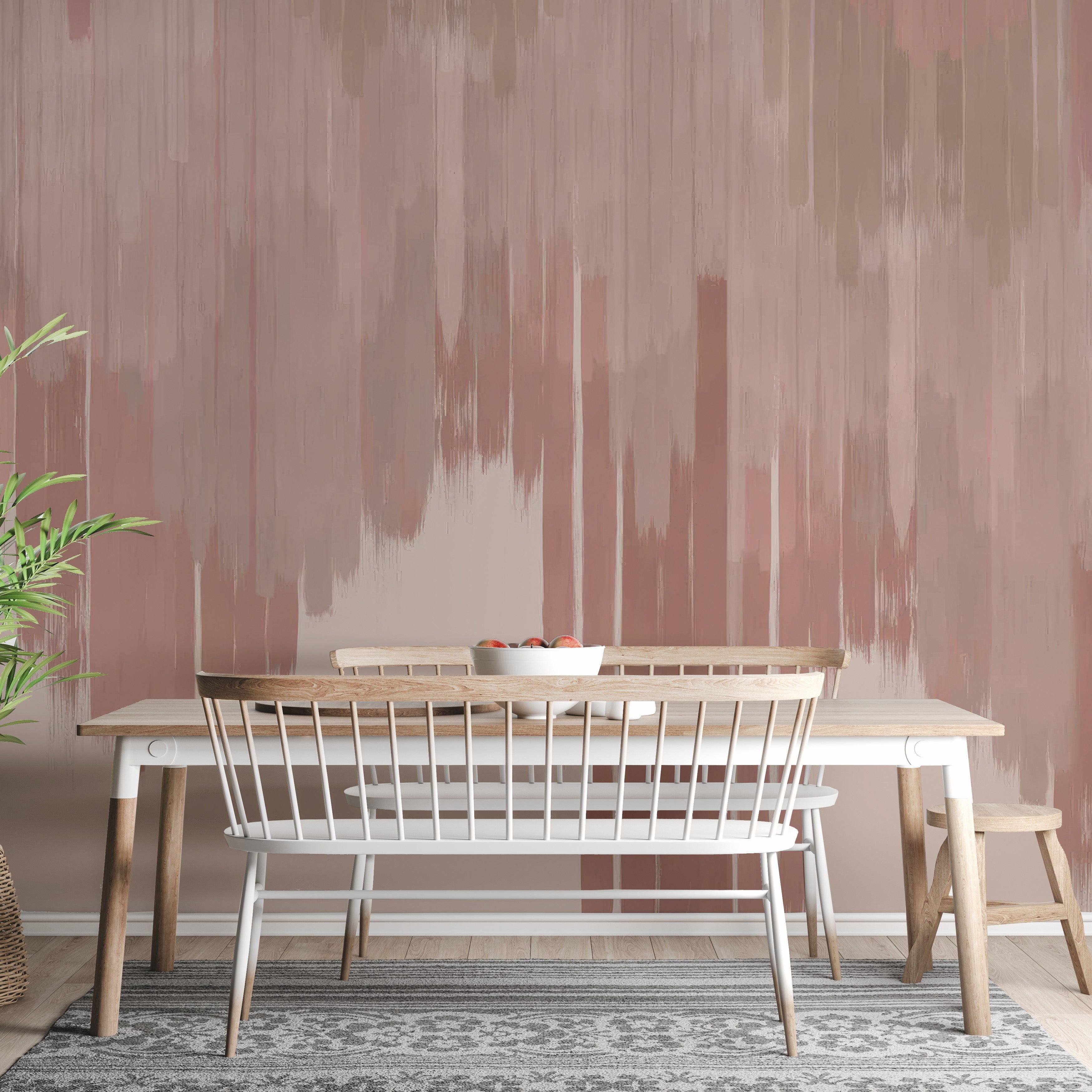 Copper pink foliage wallpaper creates an elegant living room ambiance.