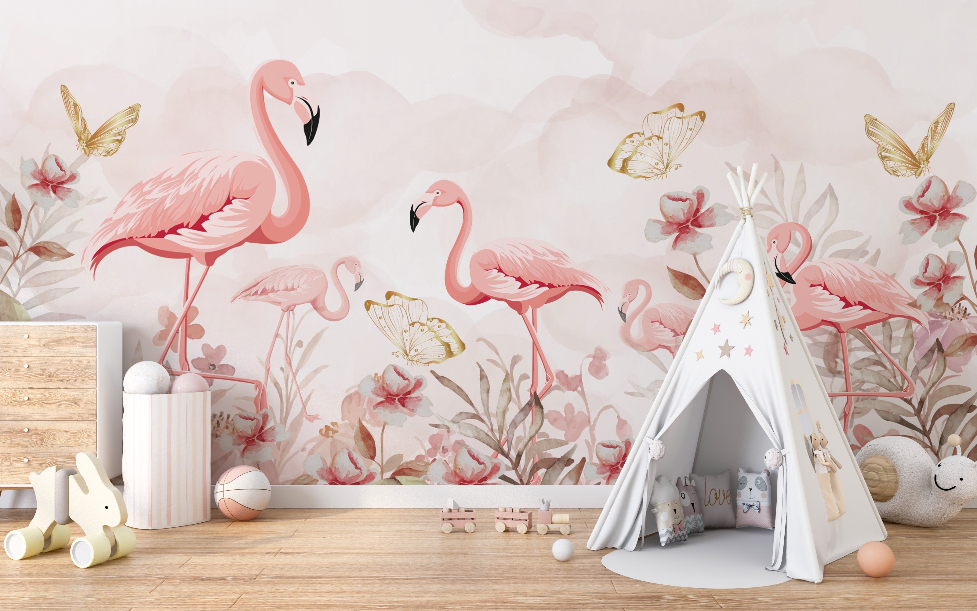 Flamingo serenade wallpaper mural for bold and elegant walls.
