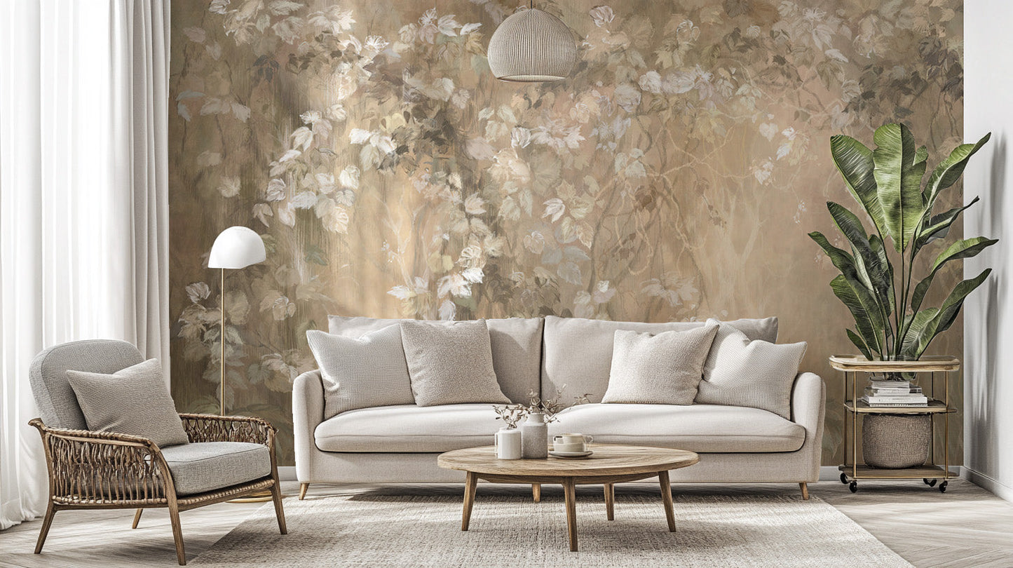 Nature-inspired mystic branches mural in soft brown tones