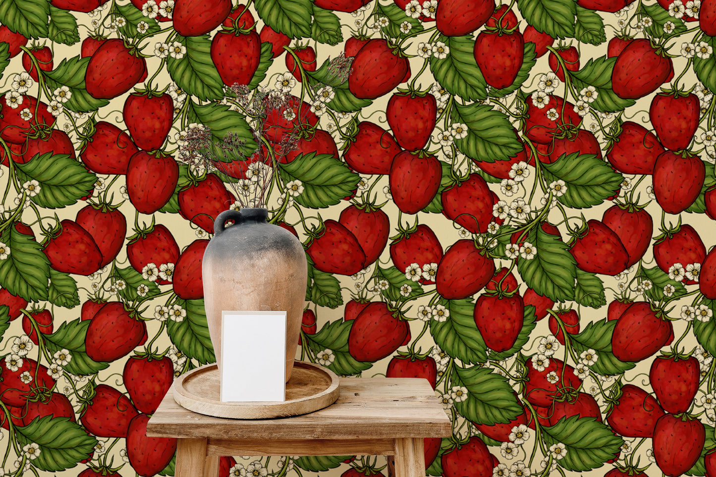 Artistic strawberry forest wallpaper in red for unique and bold decor.
