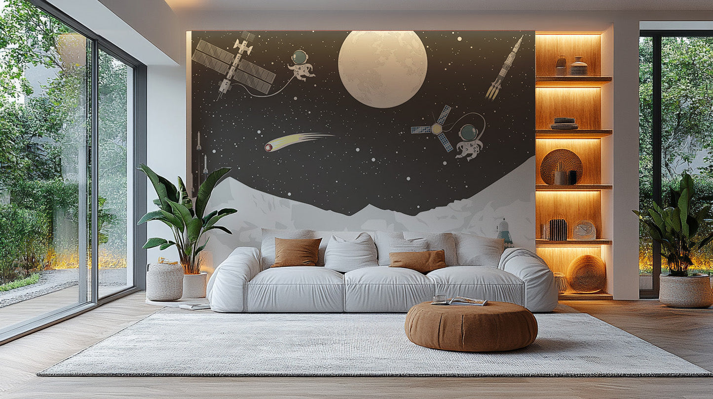 Kids' room mural with planets and rockets
