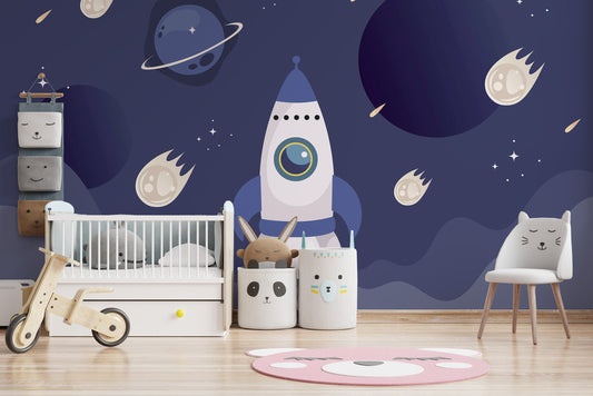 Kids Spaceship Wallpaper creates a galactic nursery vibe