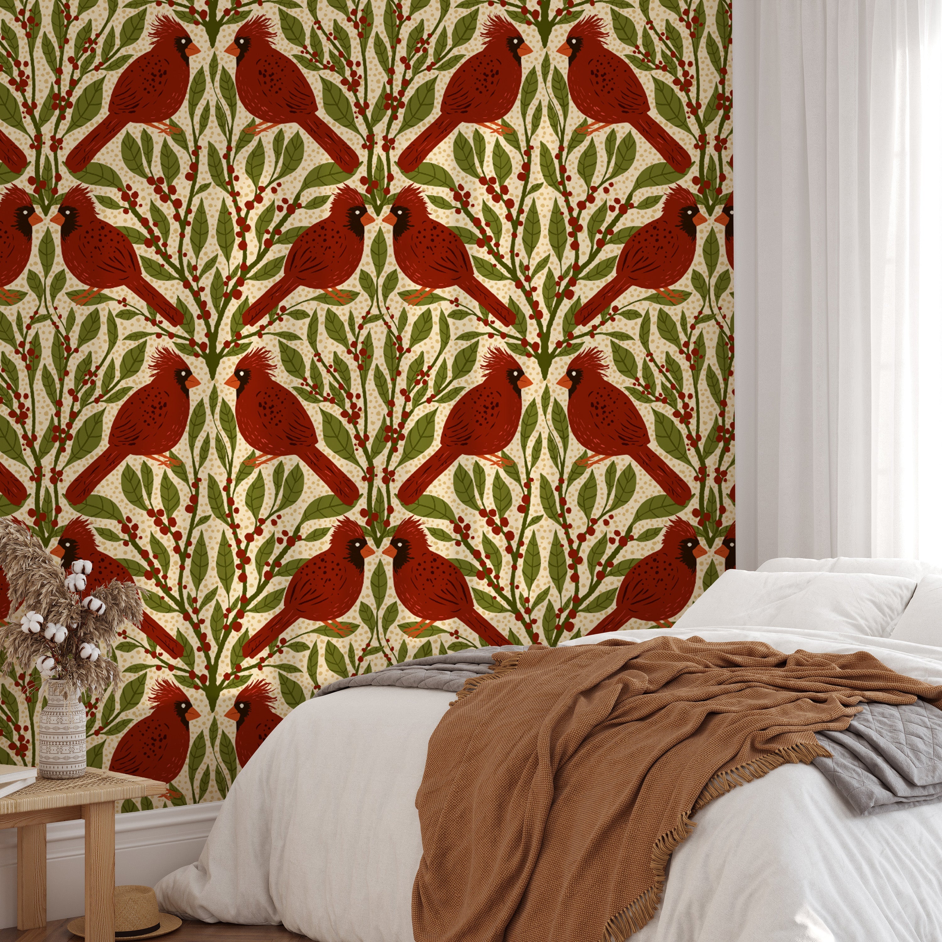 Artistic red cardinals wallpaper mural for rustic interiors.
