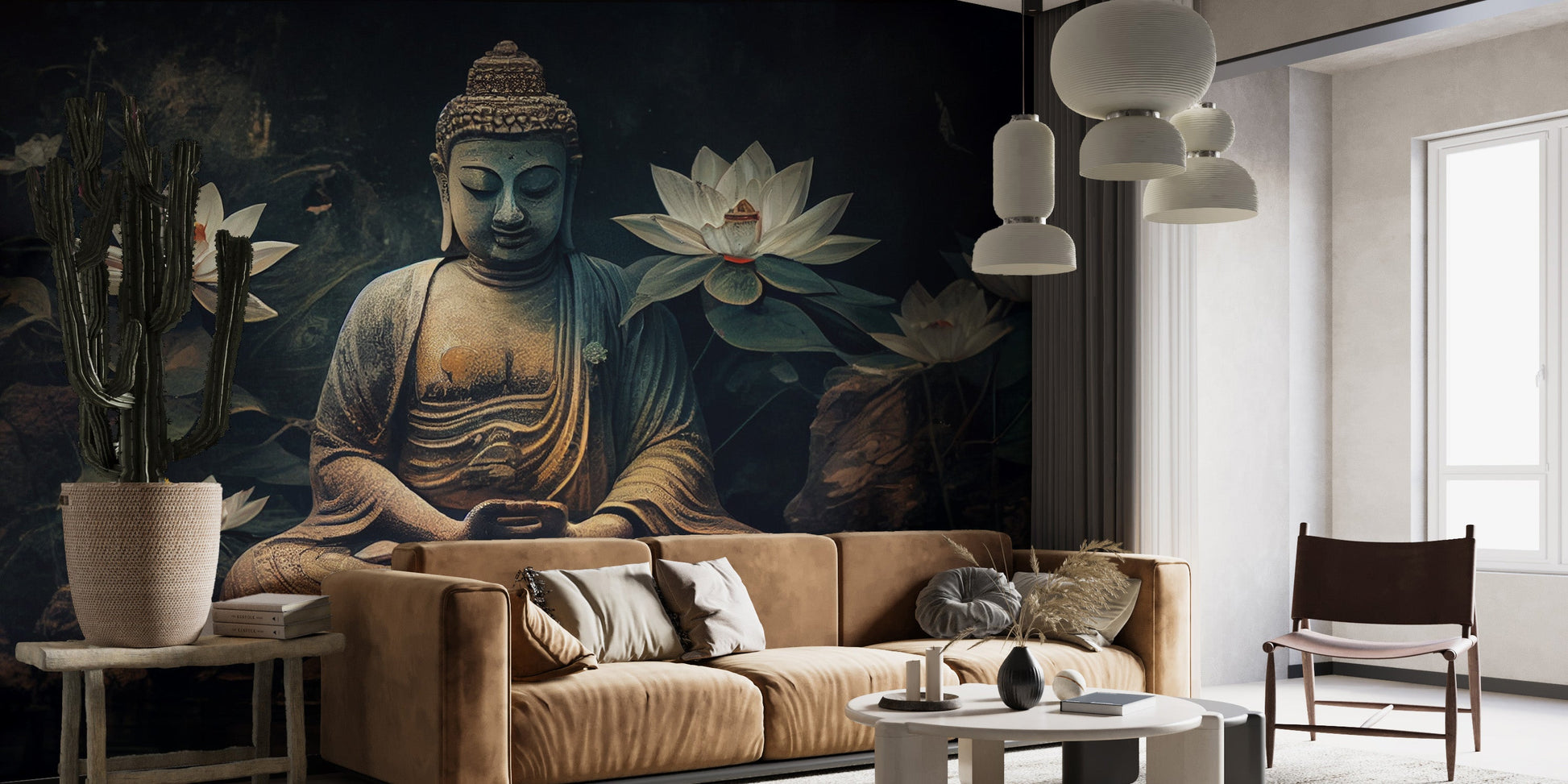 Serene Buddha mural with lotus flowers
