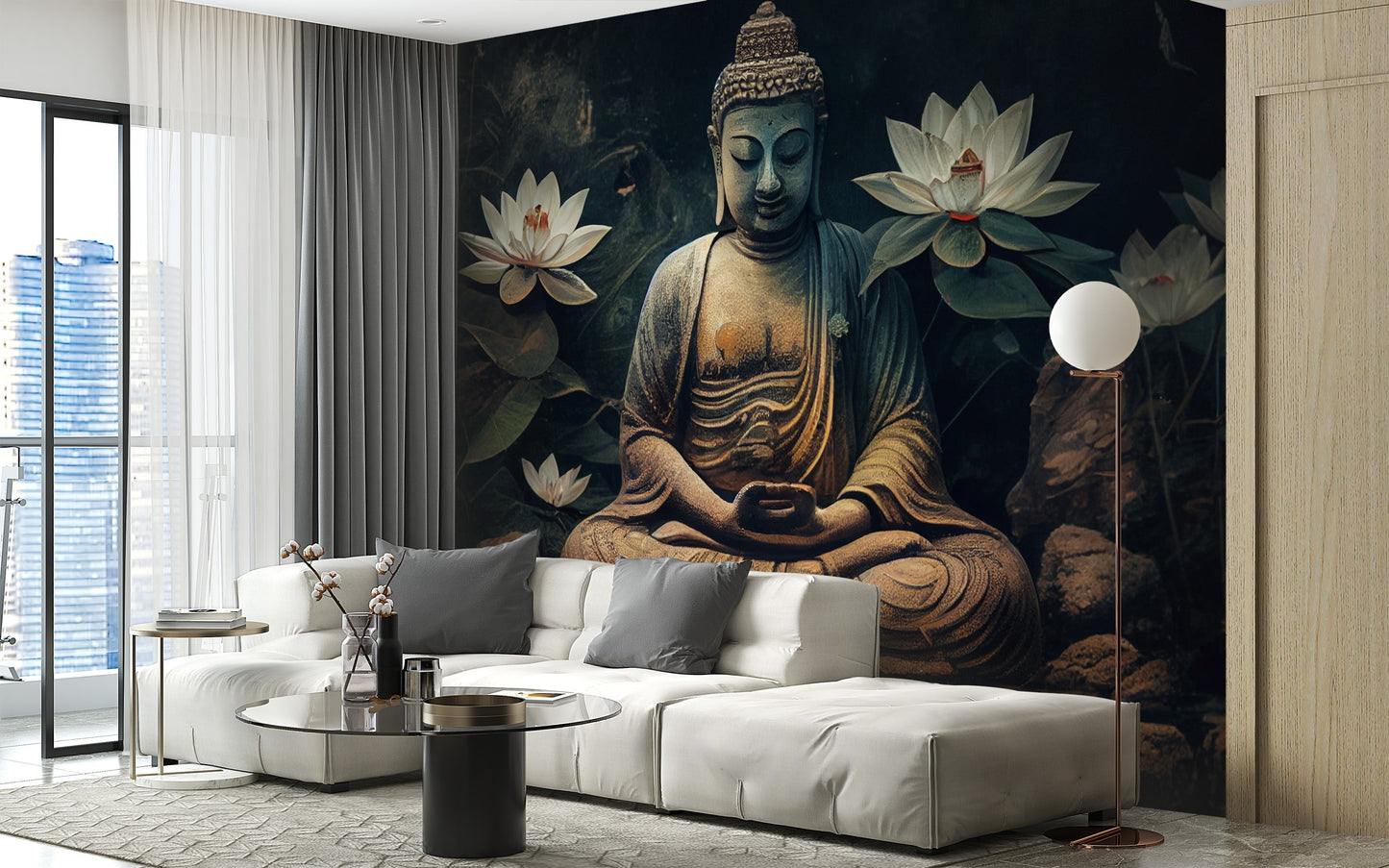 Meditative Buddha and floral wallpaper
