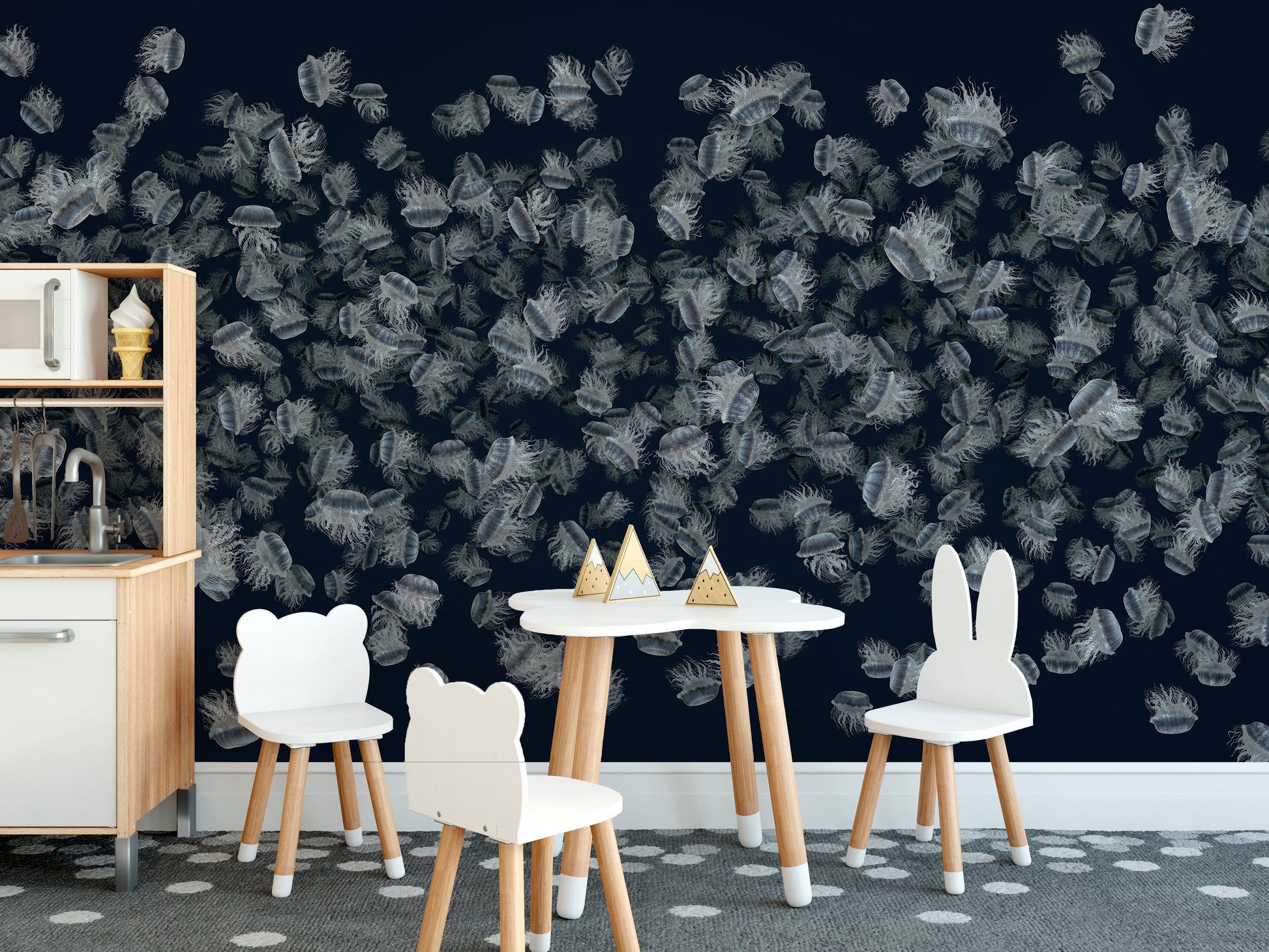 Dark blue wallpaper with jellyfish mural design
