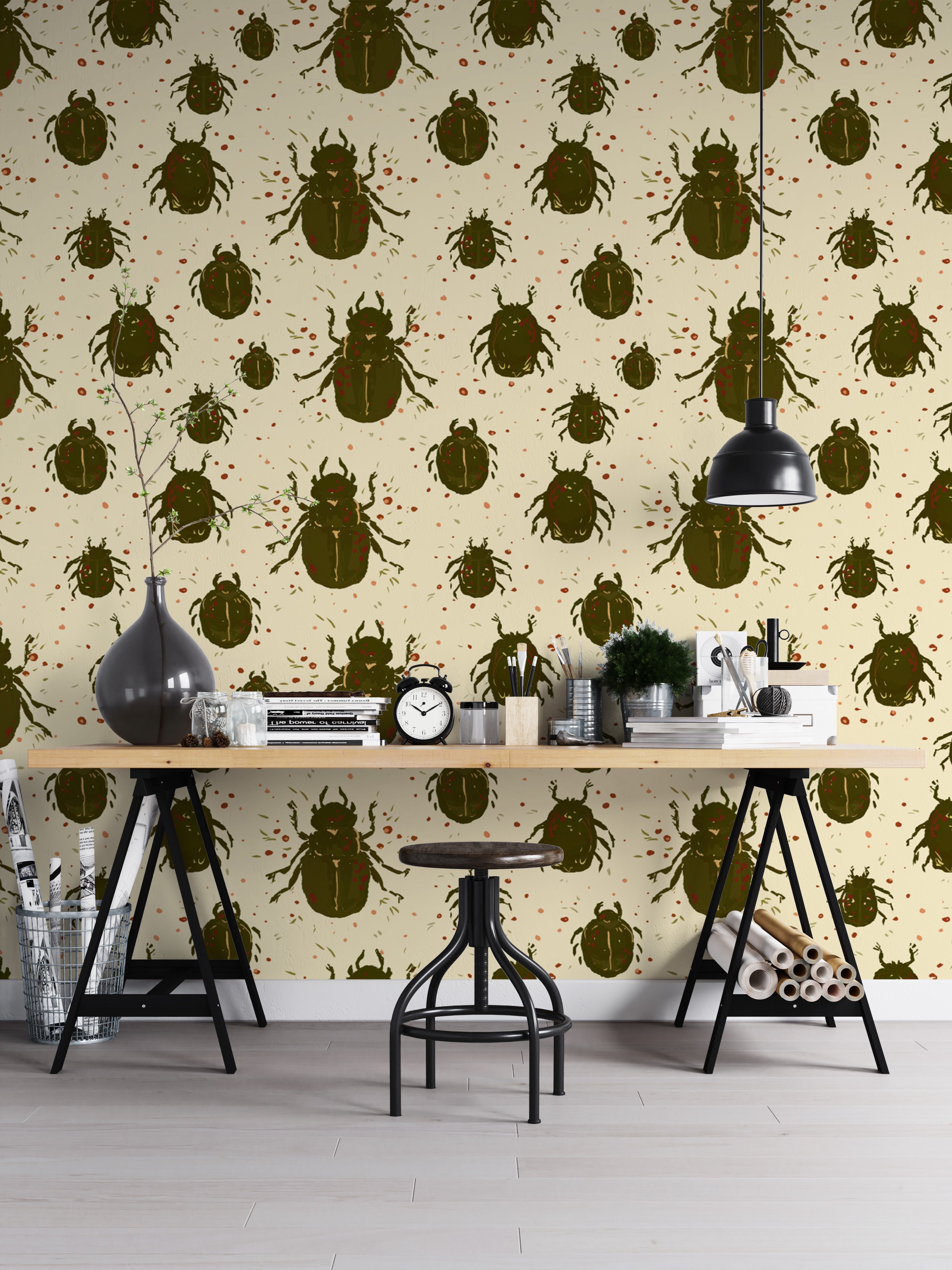 Playful crawling beetles wallpaper for creative and fun interiors.
