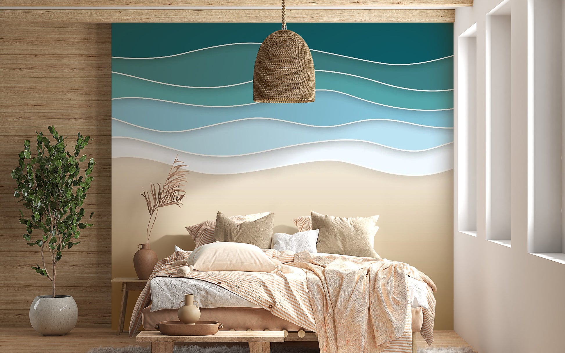 Serene blue beach mural
