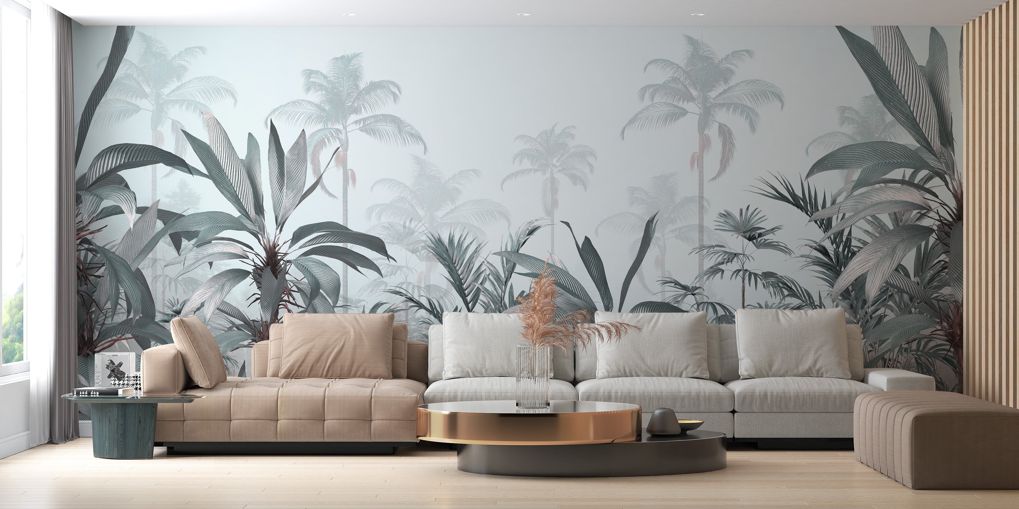 Elegant flamingo wallpaper mural by a tranquil riverside