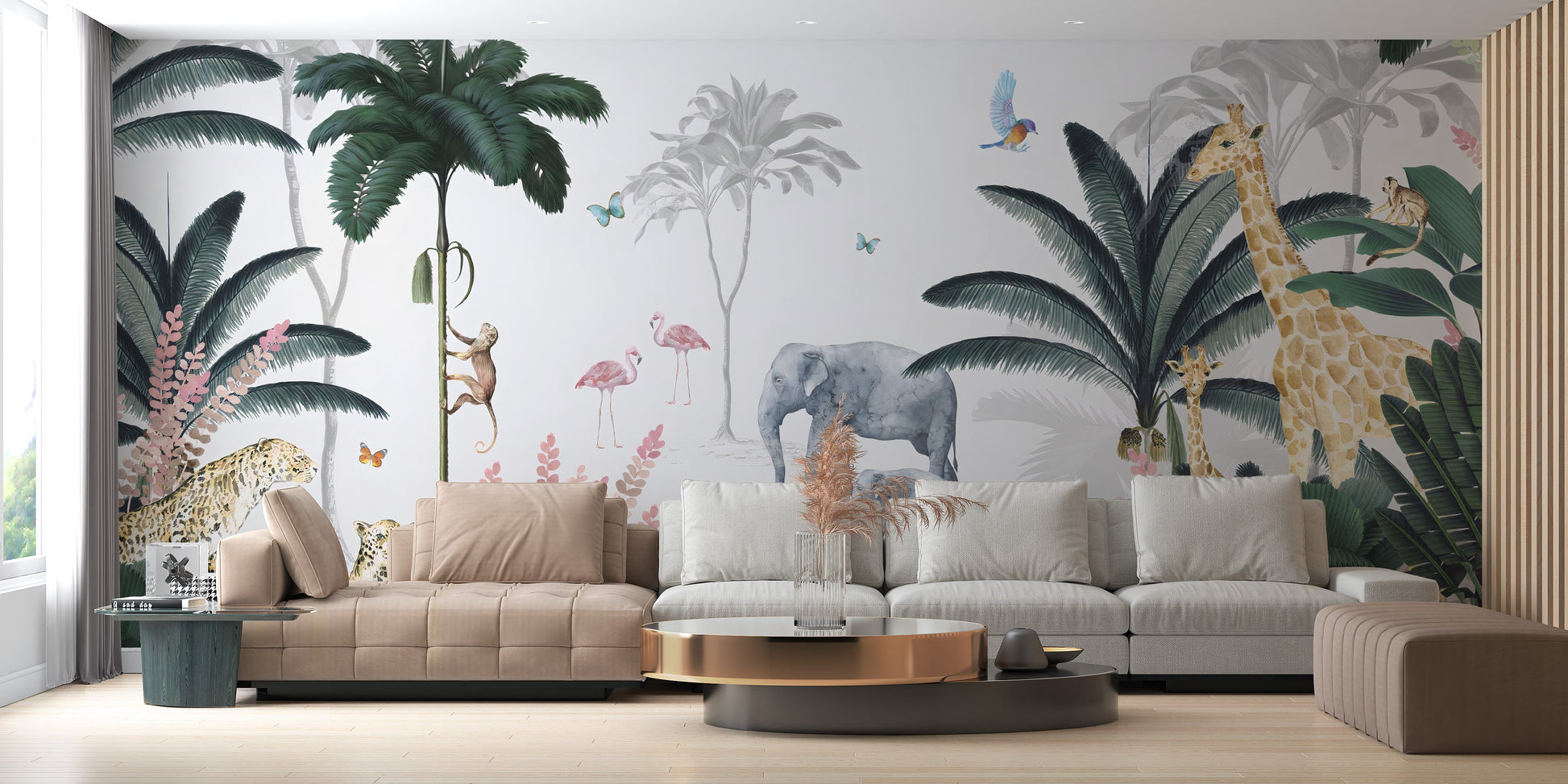 Tropical adventure safari wallpaper mural for children's decor.
