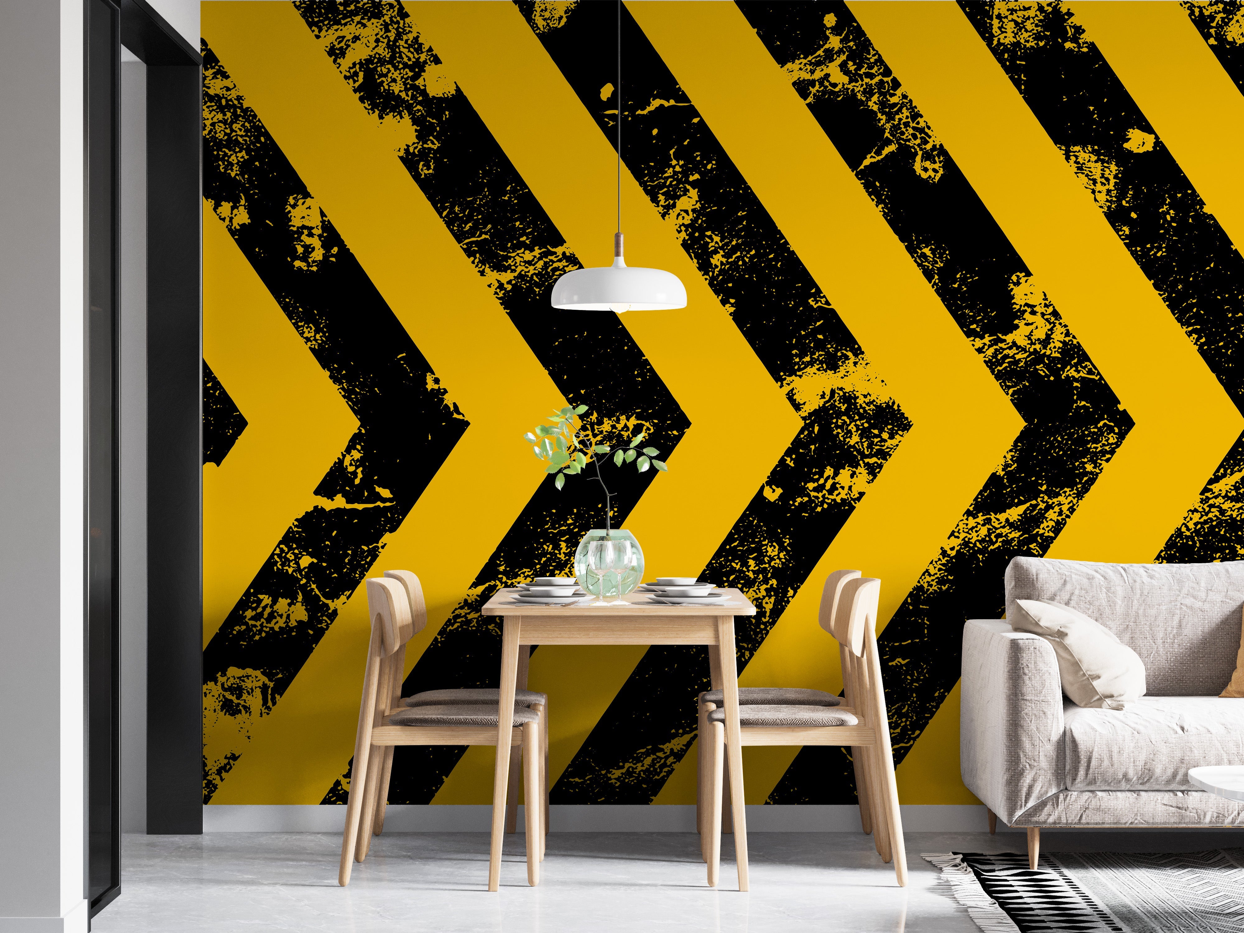 Bold yellow grunge hazard stripe mural
