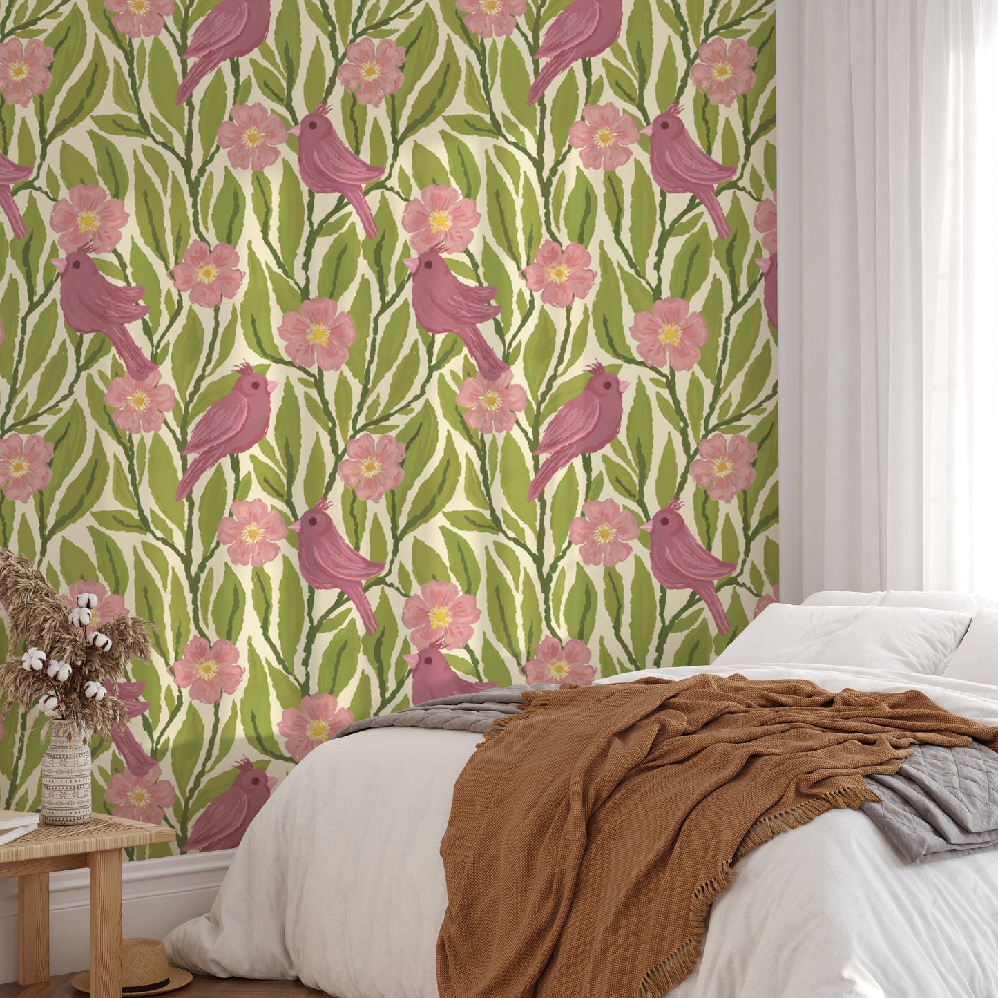 Elegant pink birds and floral wallpaper for soft, serene interiors.
