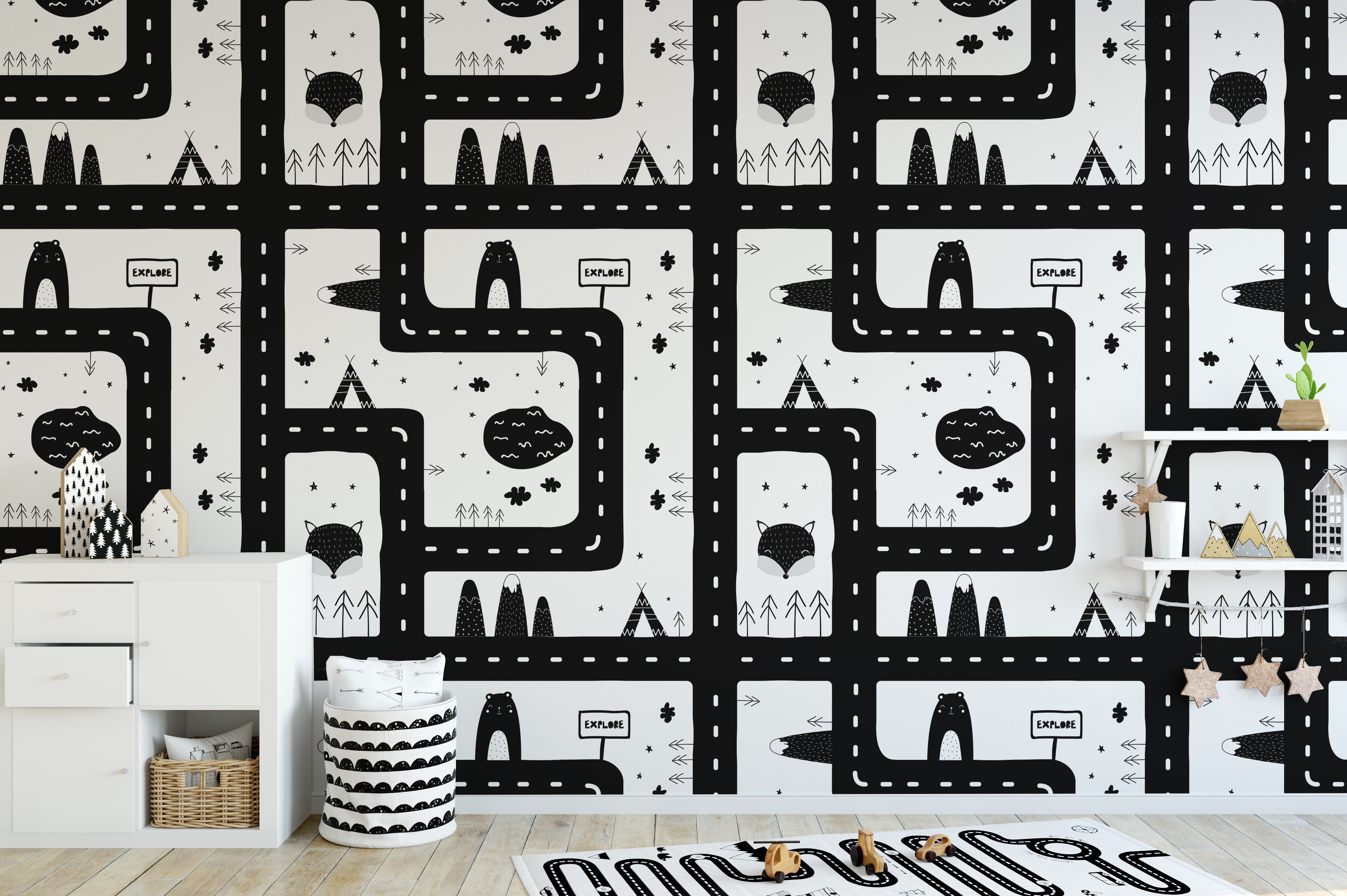 Bold city map road pattern wallpaper design.