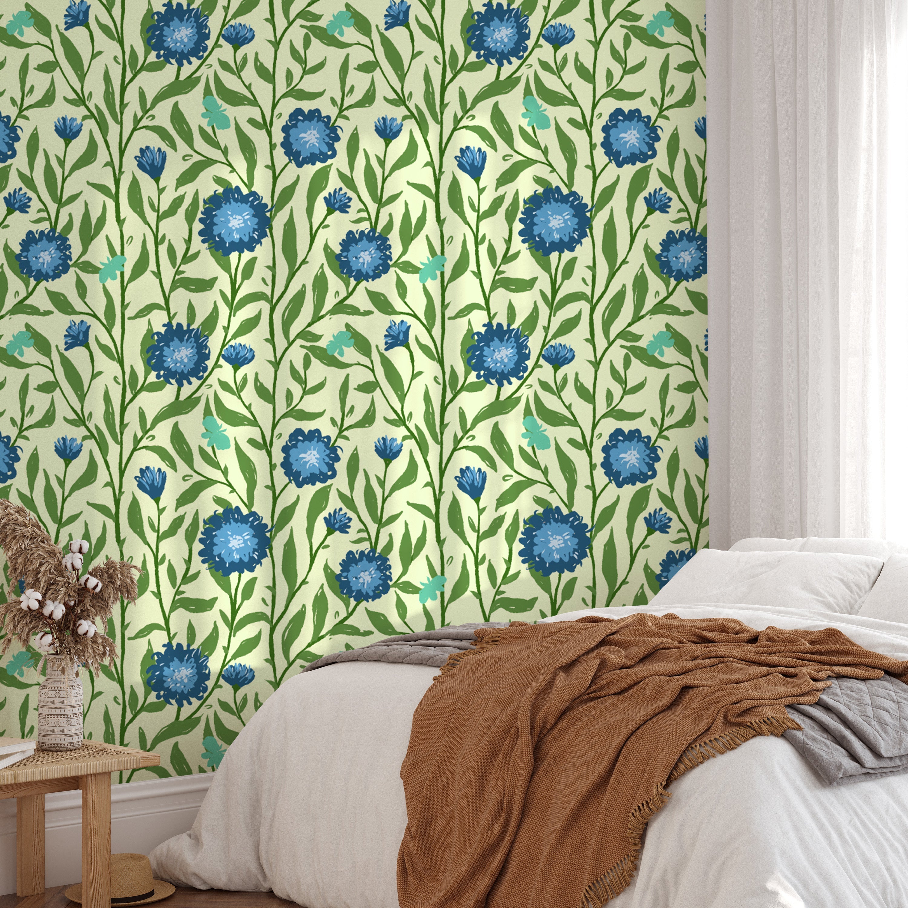 Sophisticated spring trellis wallpaper in light blue for graceful walls.
