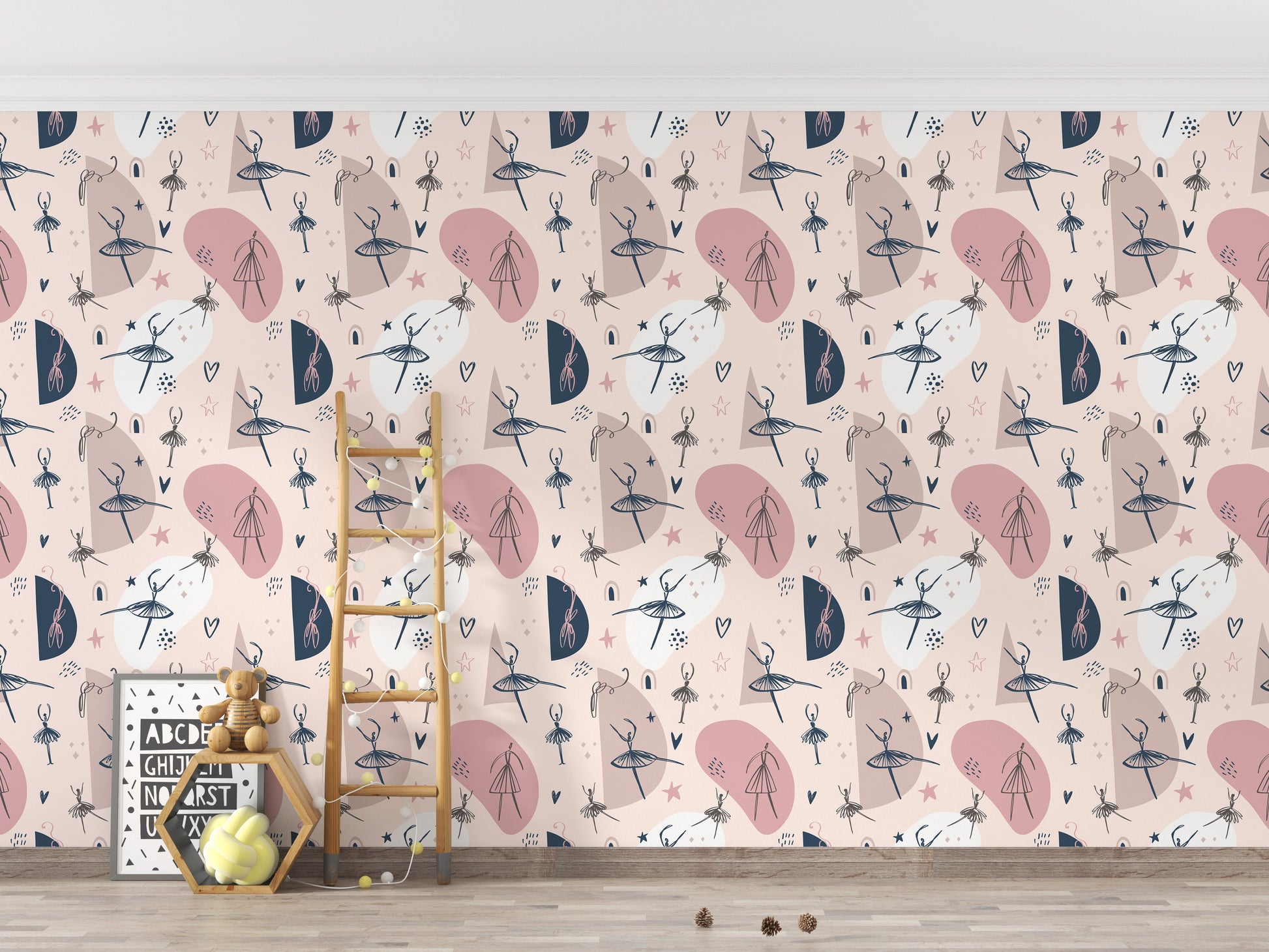 Ballet dancers in an abstract wallpaper