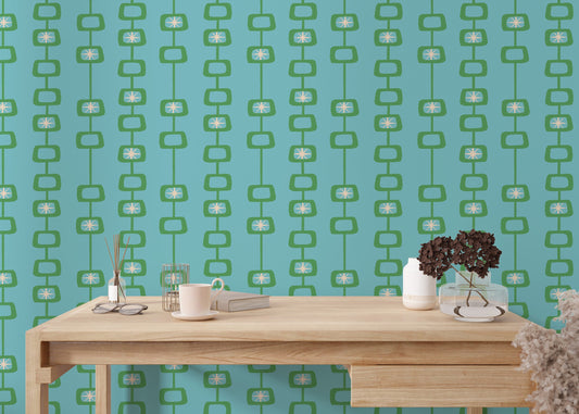 Mid Century Atomic Orbs Blue Green Wallpaper design
