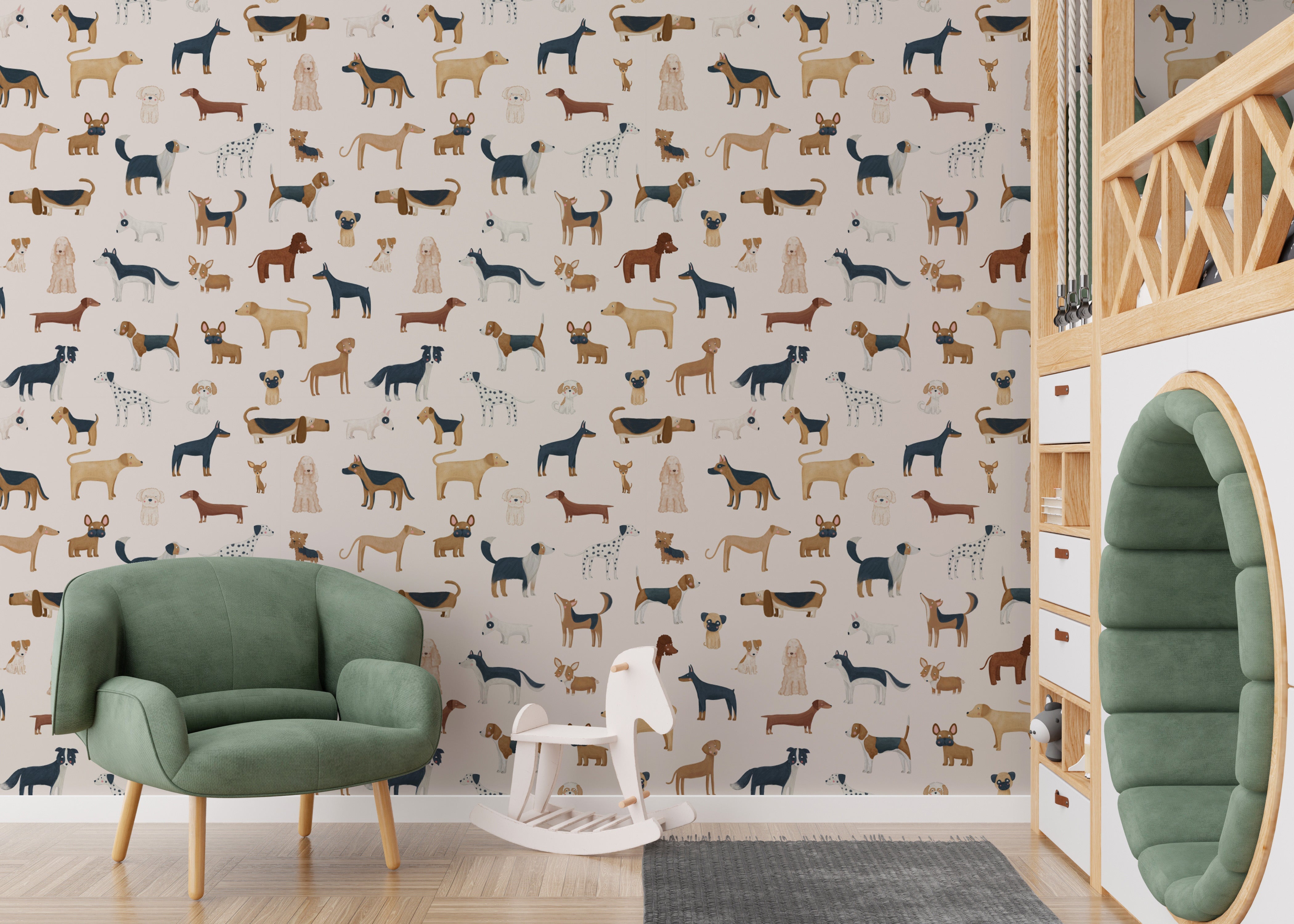 Cozy nursery wallpaper with a dog theme
