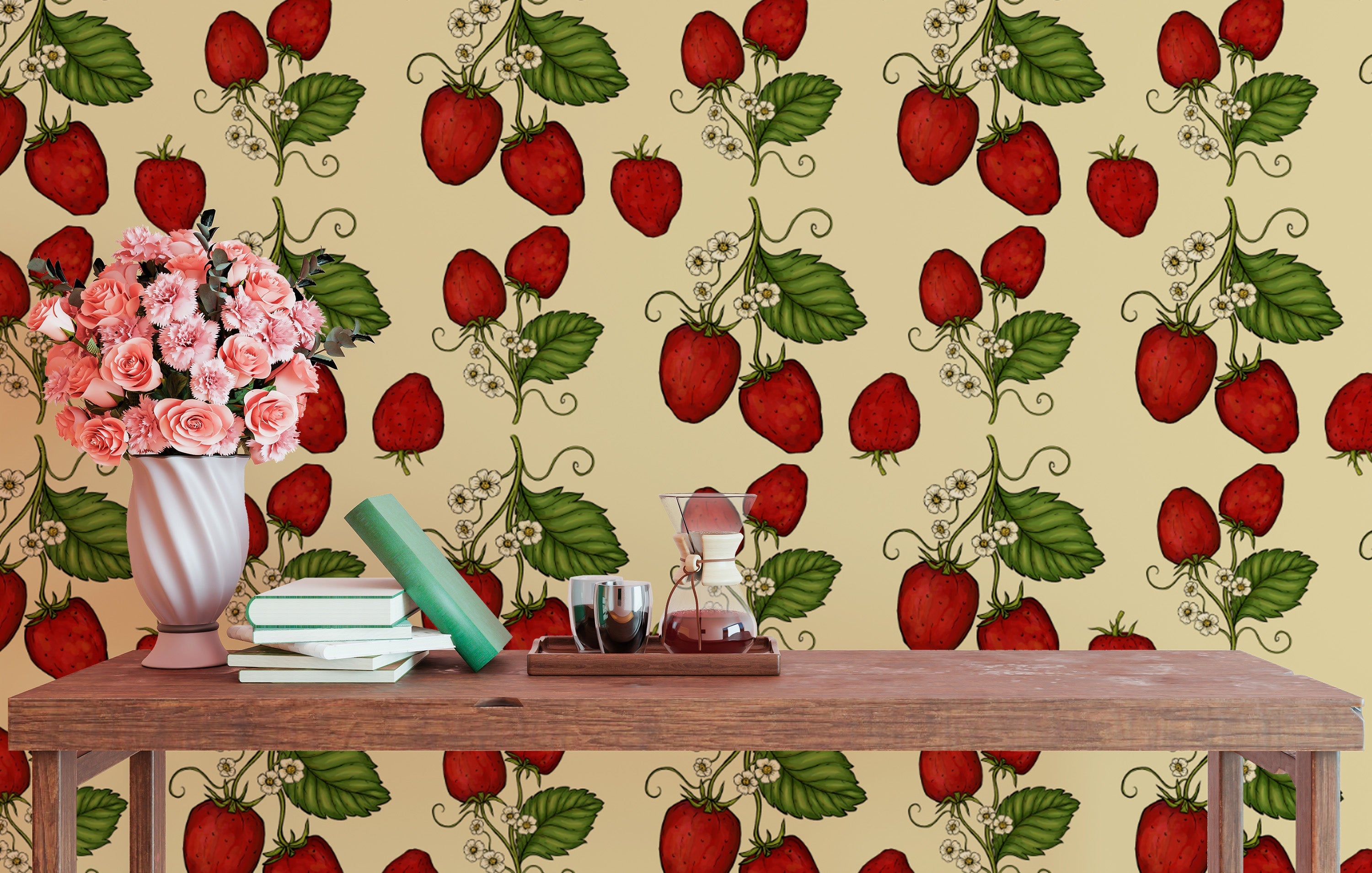 Red strawberry design wallpaper for nature-inspired spaces.
