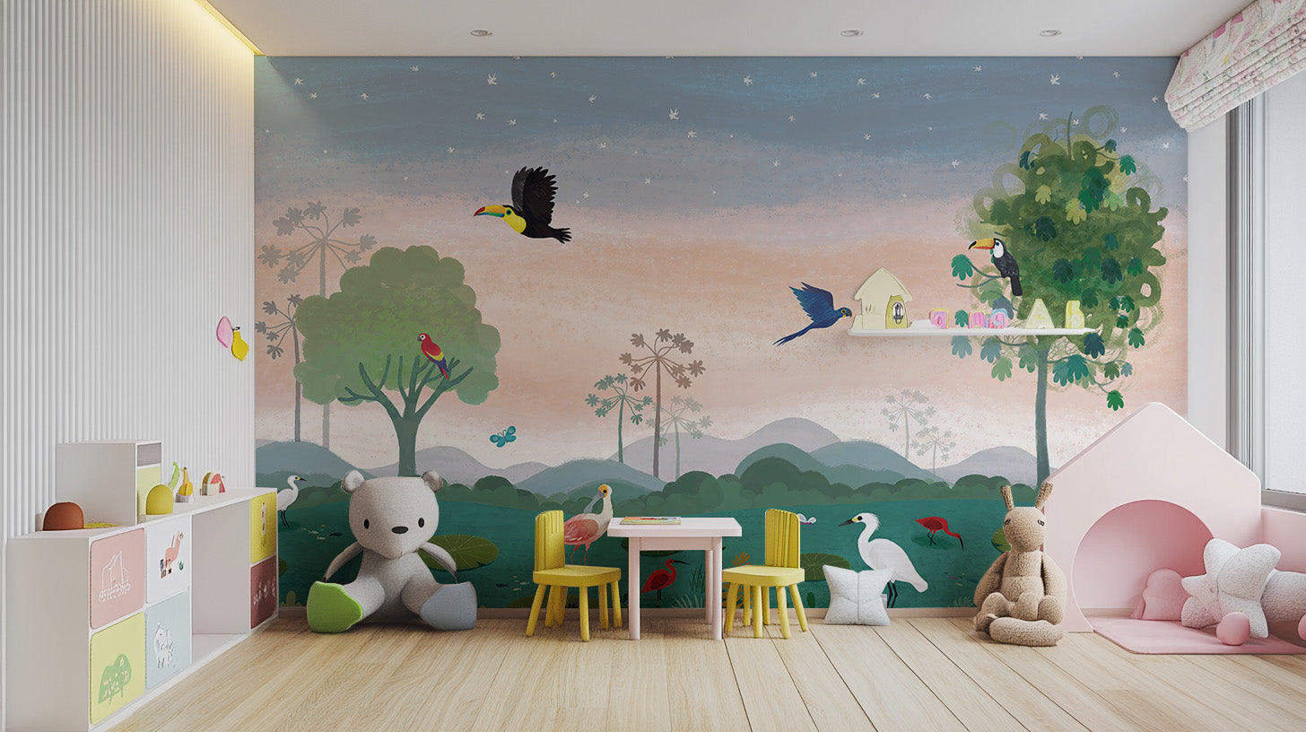 Enchanted bird mural for nursery walls
