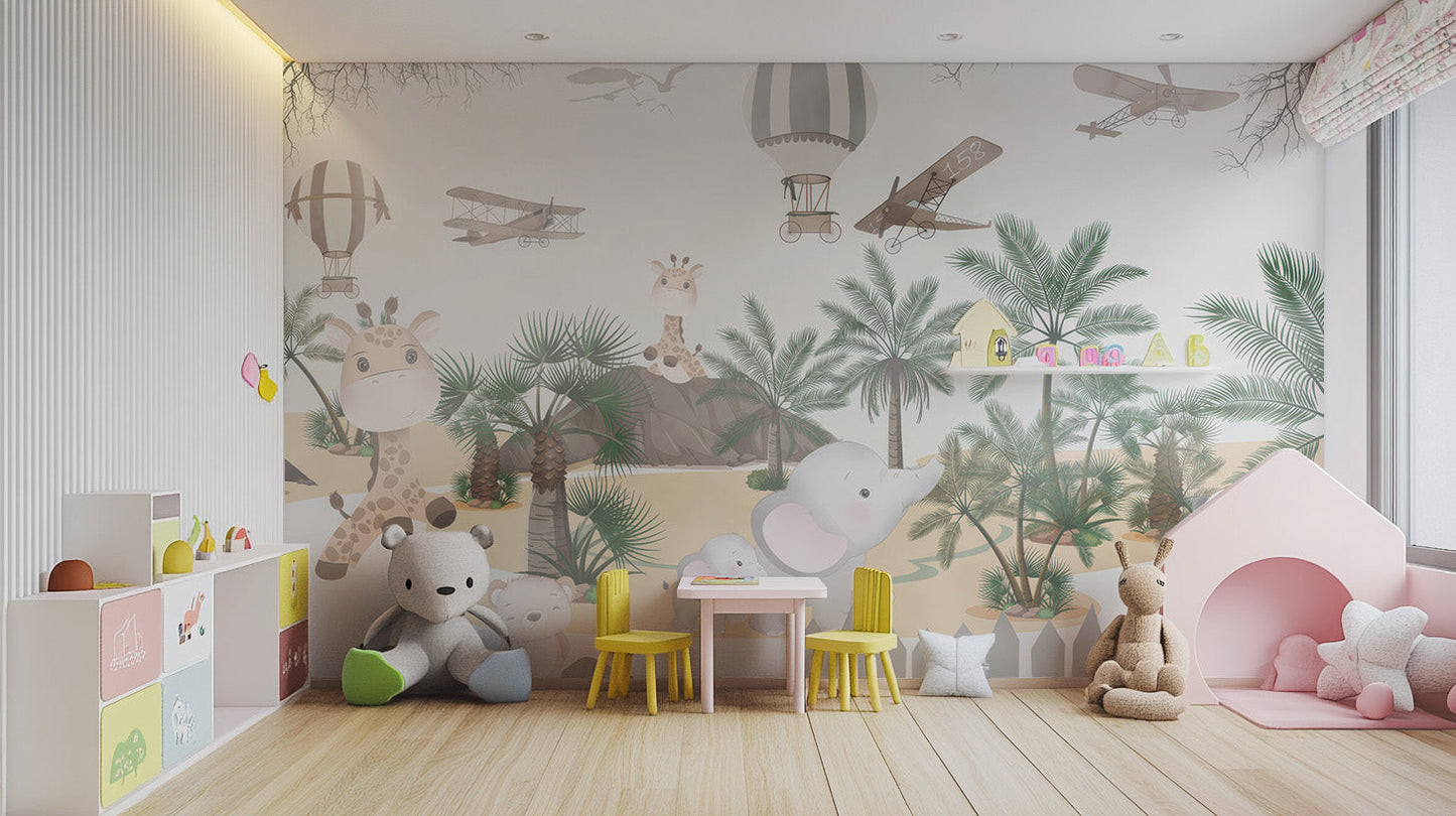 Playful animal mural for children space
