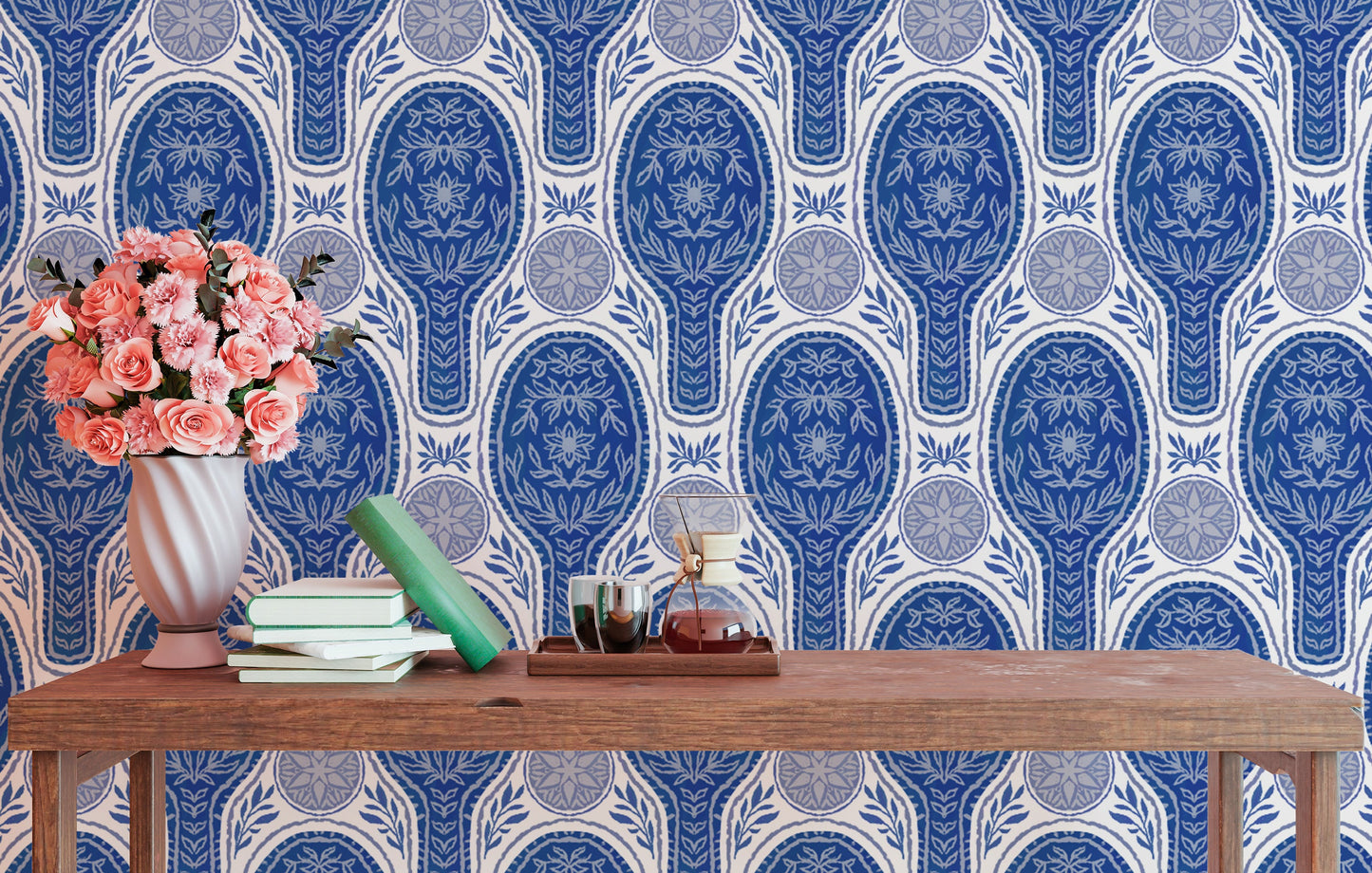 Charming floral rockets wallpaper in blue for kids’ or fun decor.
