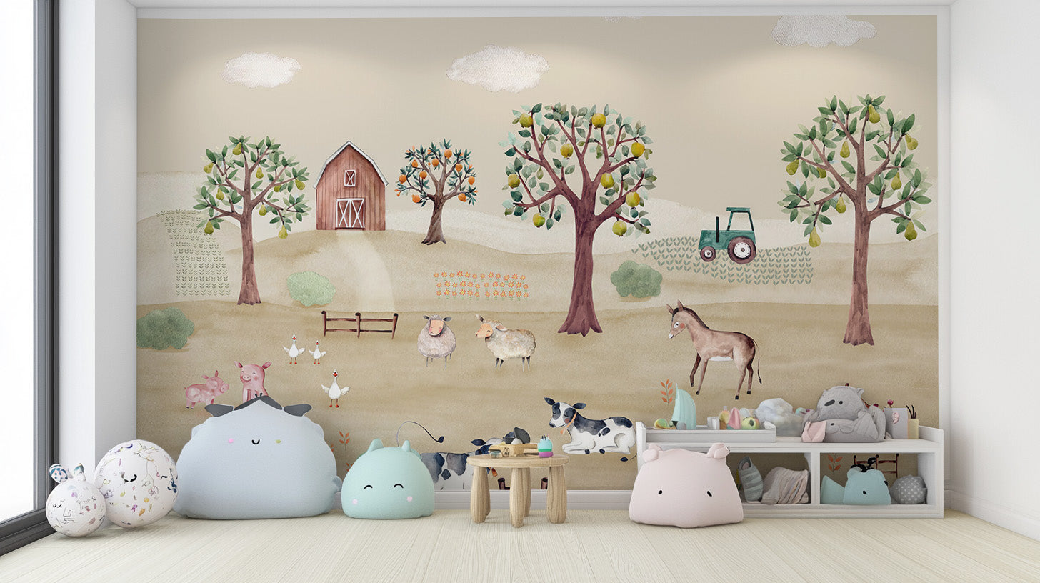 Serene farm mural featuring a charming barn and lush landscape.