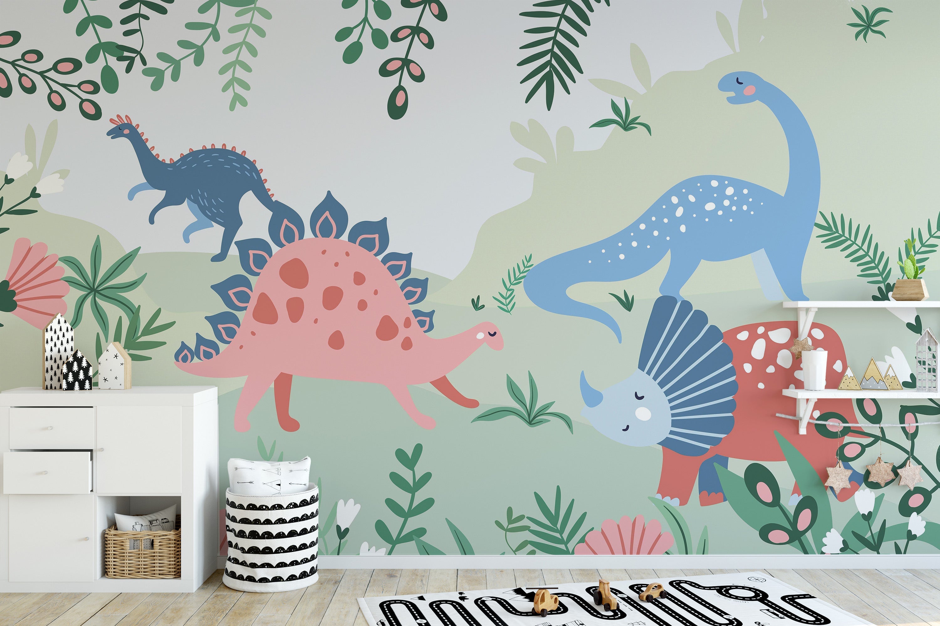 Vibrant dino mural energizes kids' playroom decor