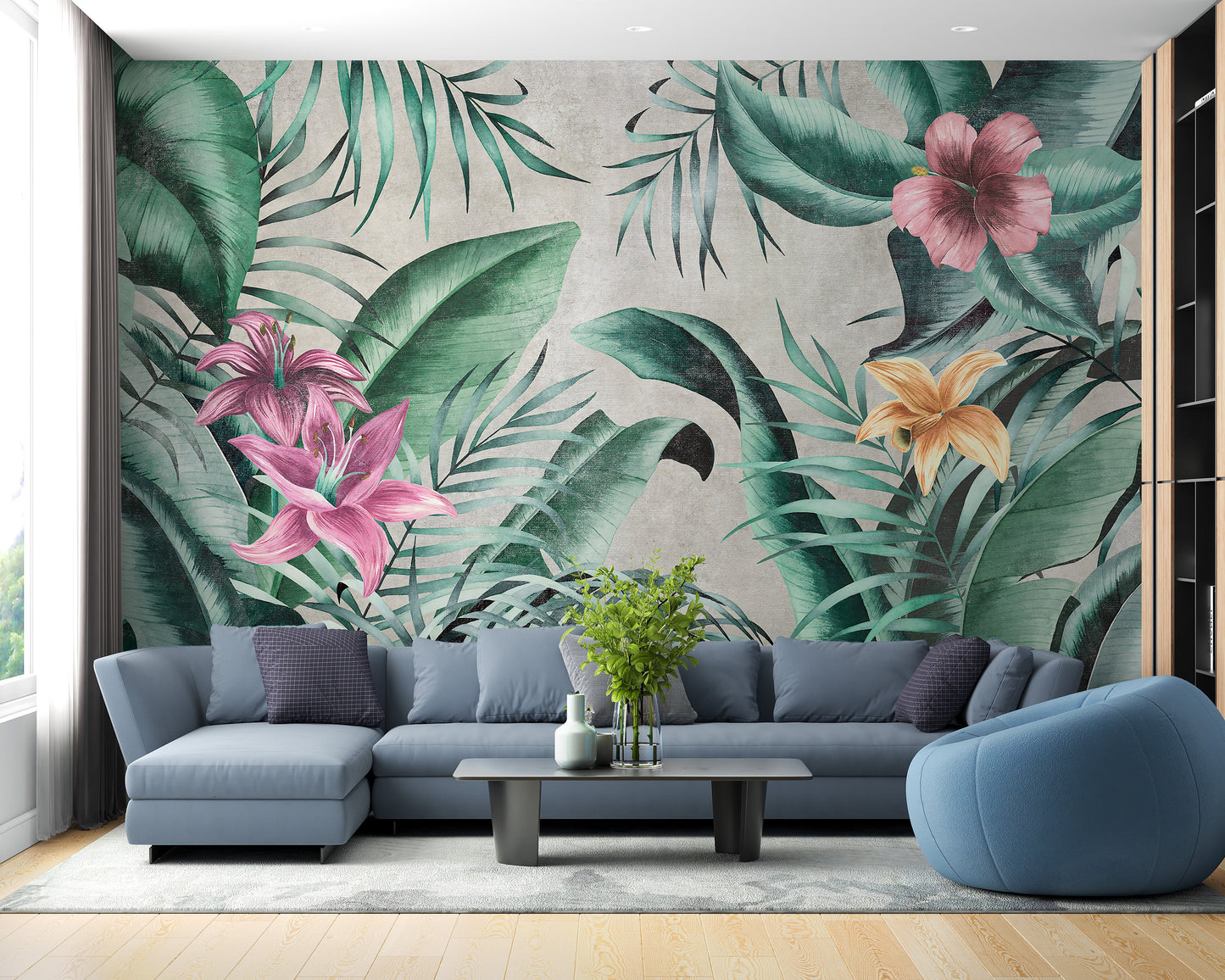 Rustic Floral Large Green Leaves Wallpaper Mural - Giffywalls