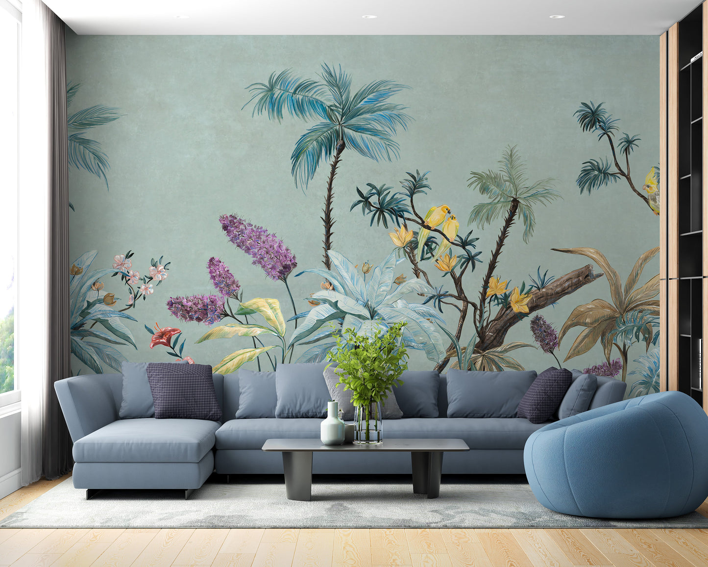 Boho flowers wallpaper mural with green background design.