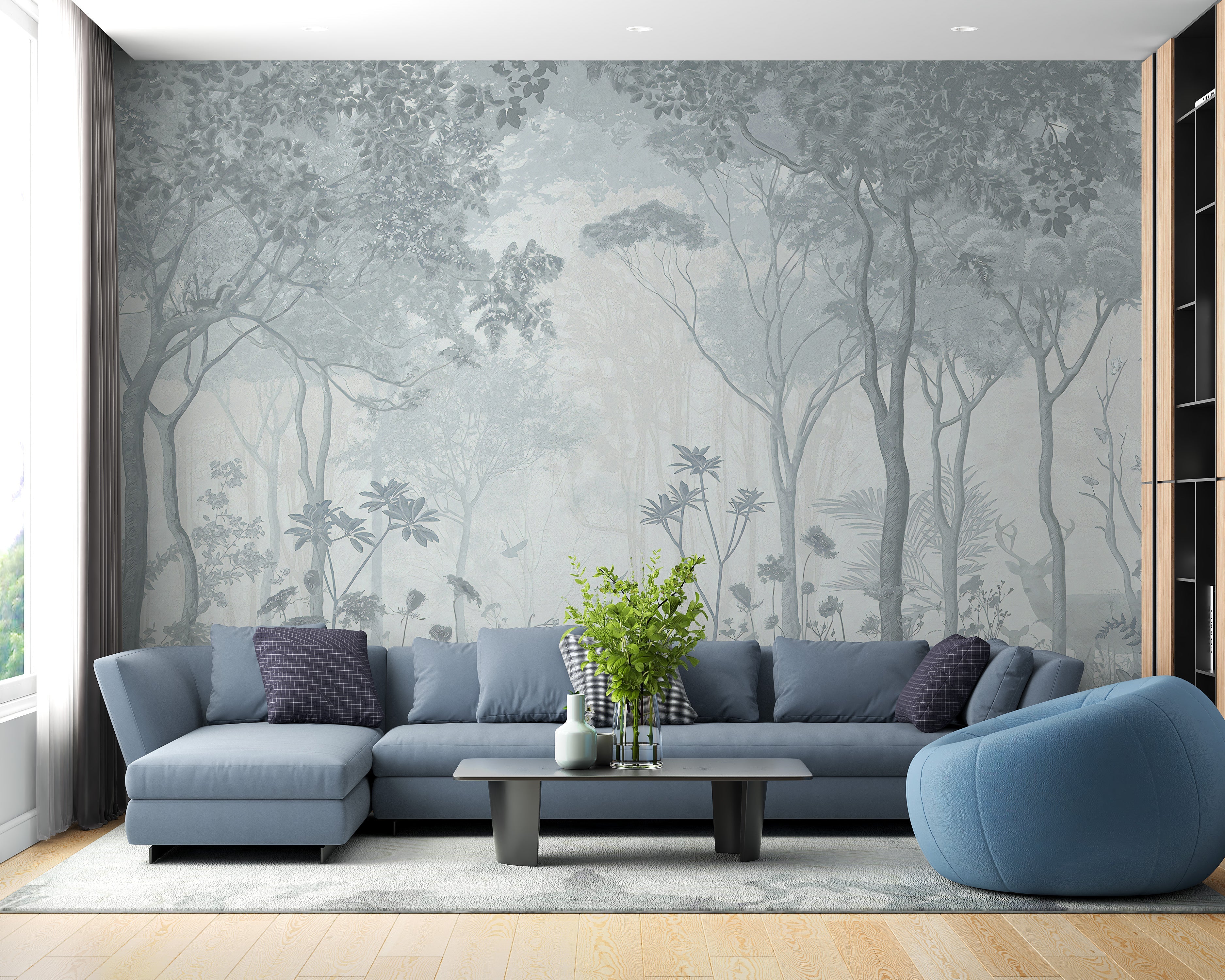 Fog-filled forest wallpaper mural design
