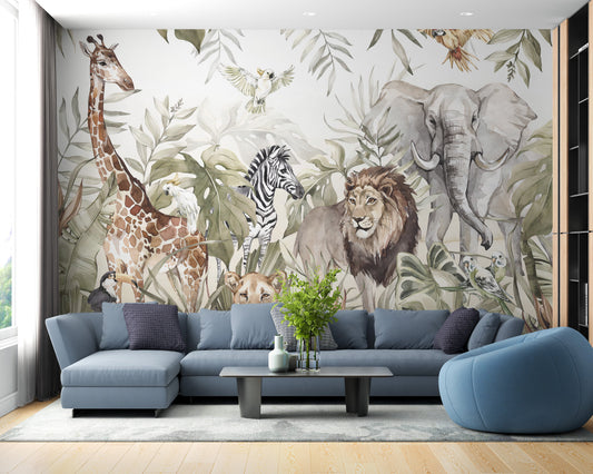 Watercolor Animal Kingdom Forest Wallpaper for Kids Room
