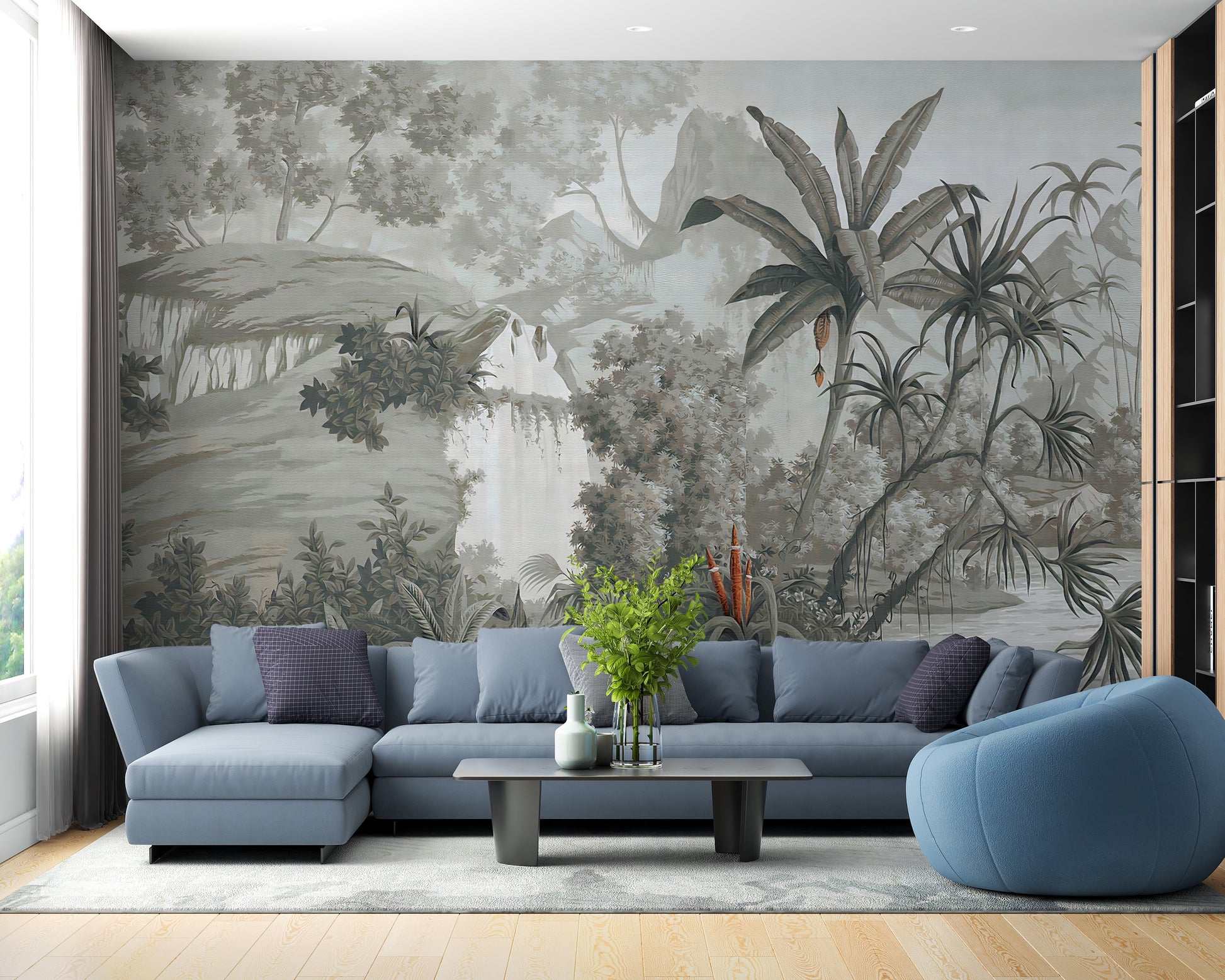 Monotone Forest with Dense Trees and Mountains Wallpaper Murals - Giffywalls