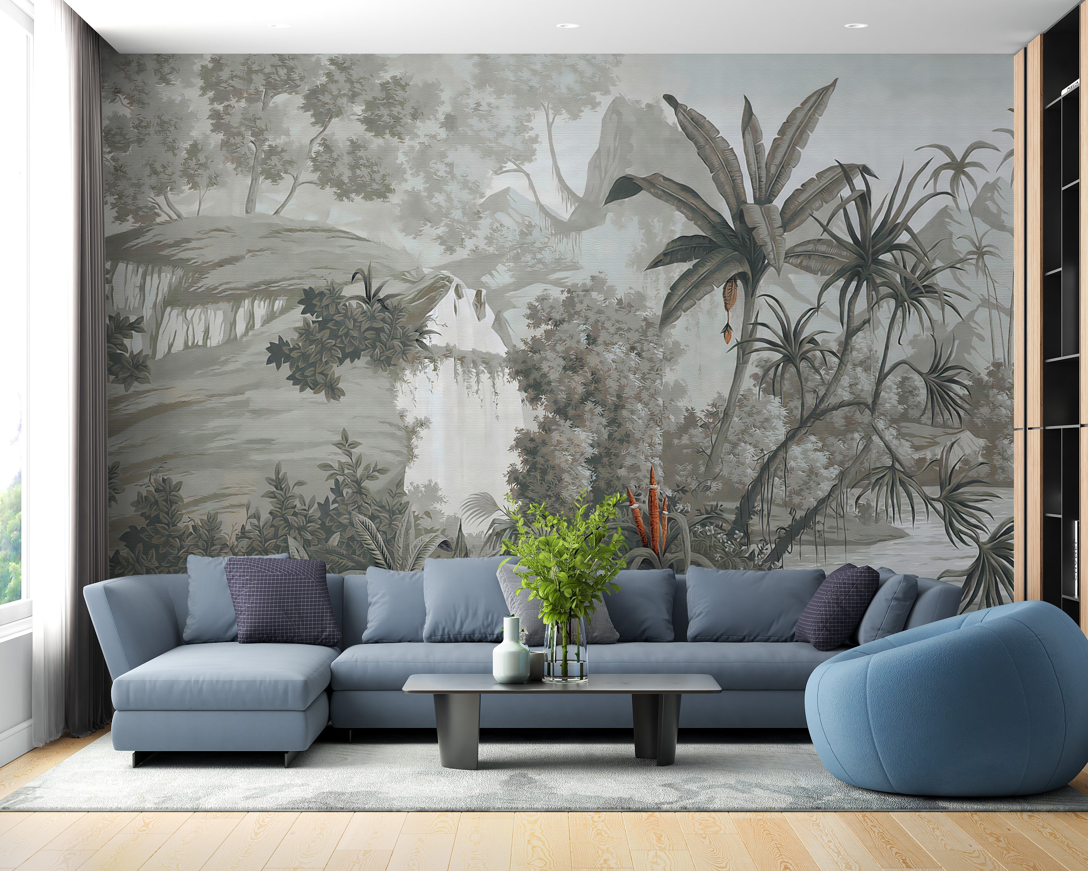 Monotone Forest with Dense Trees and Mountains Wallpaper Murals - Giffywalls