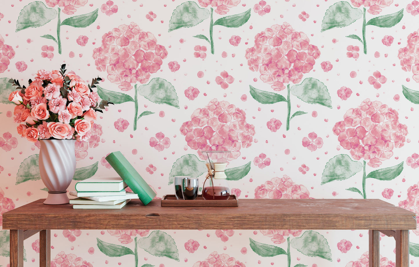 Vibrant pink hydrangea wallpaper for a lively and cheerful touch.
