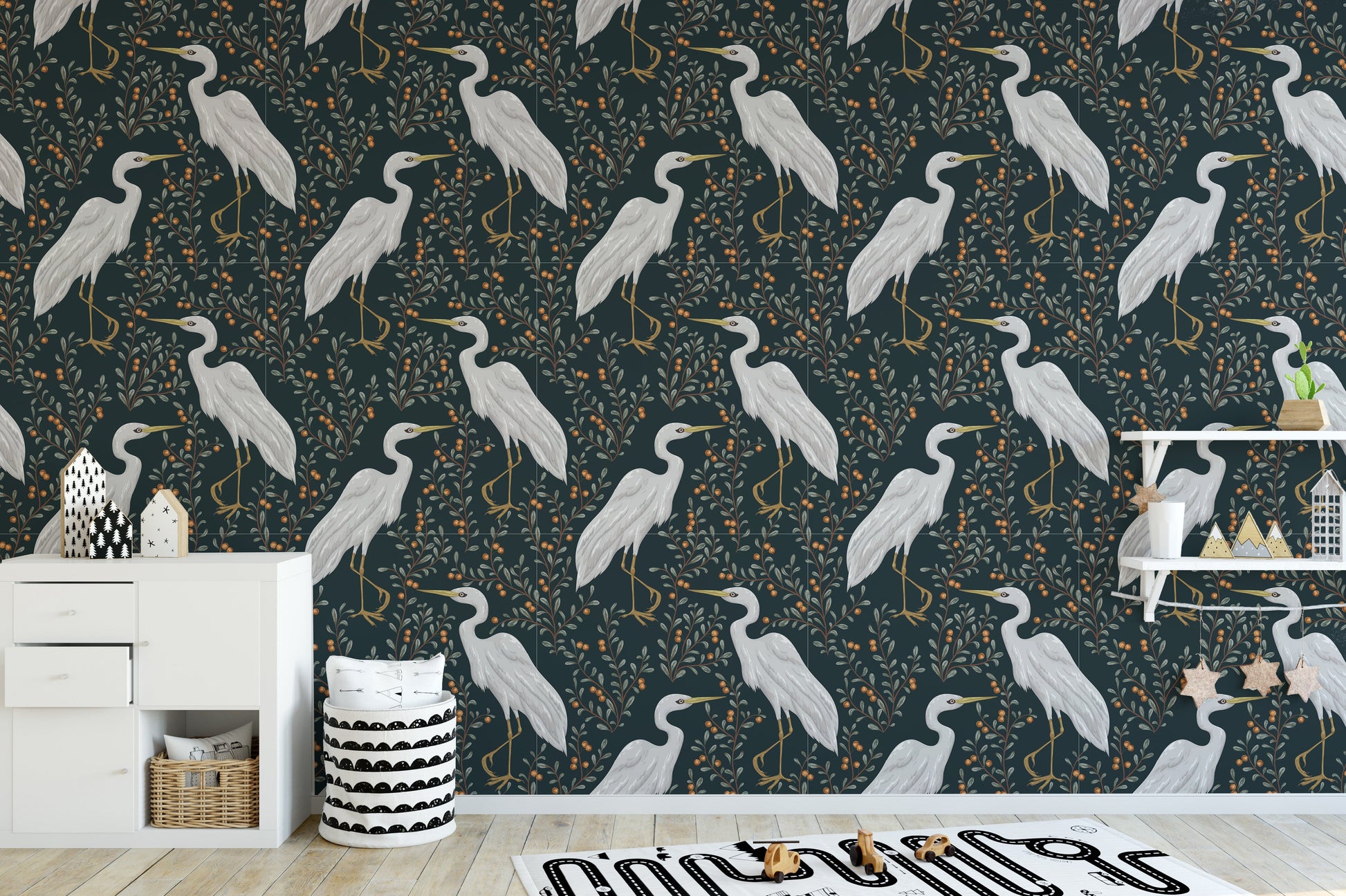 Scenic heron wallpaper mural for decor