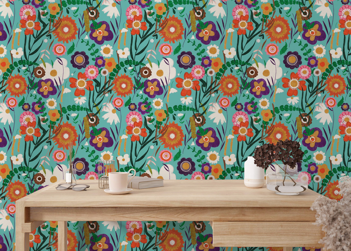 Handcrafted folk-style floral wallpaper for walls
