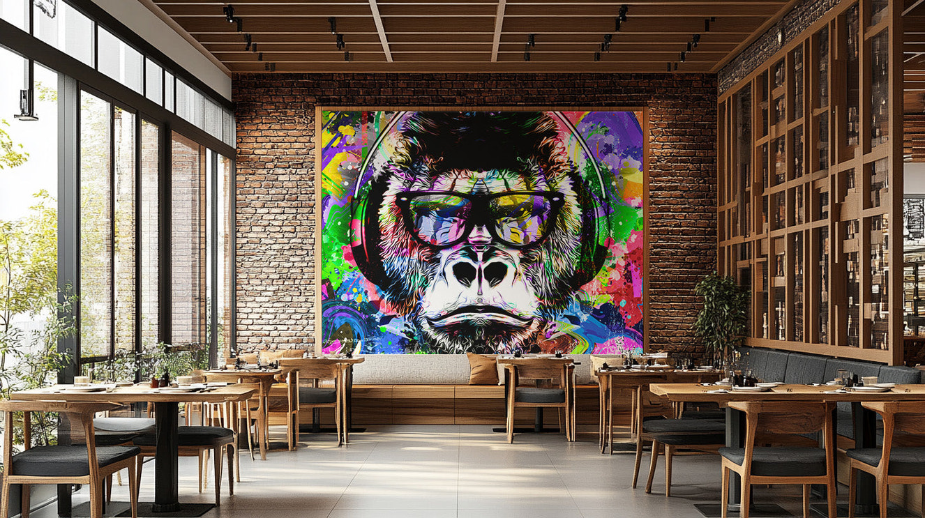 Vibrant colorful monkey graffiti wallpaper mural for walls.