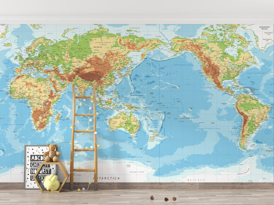 Pacific View Detailed World Map Wallpaper Murals - Giffywalls