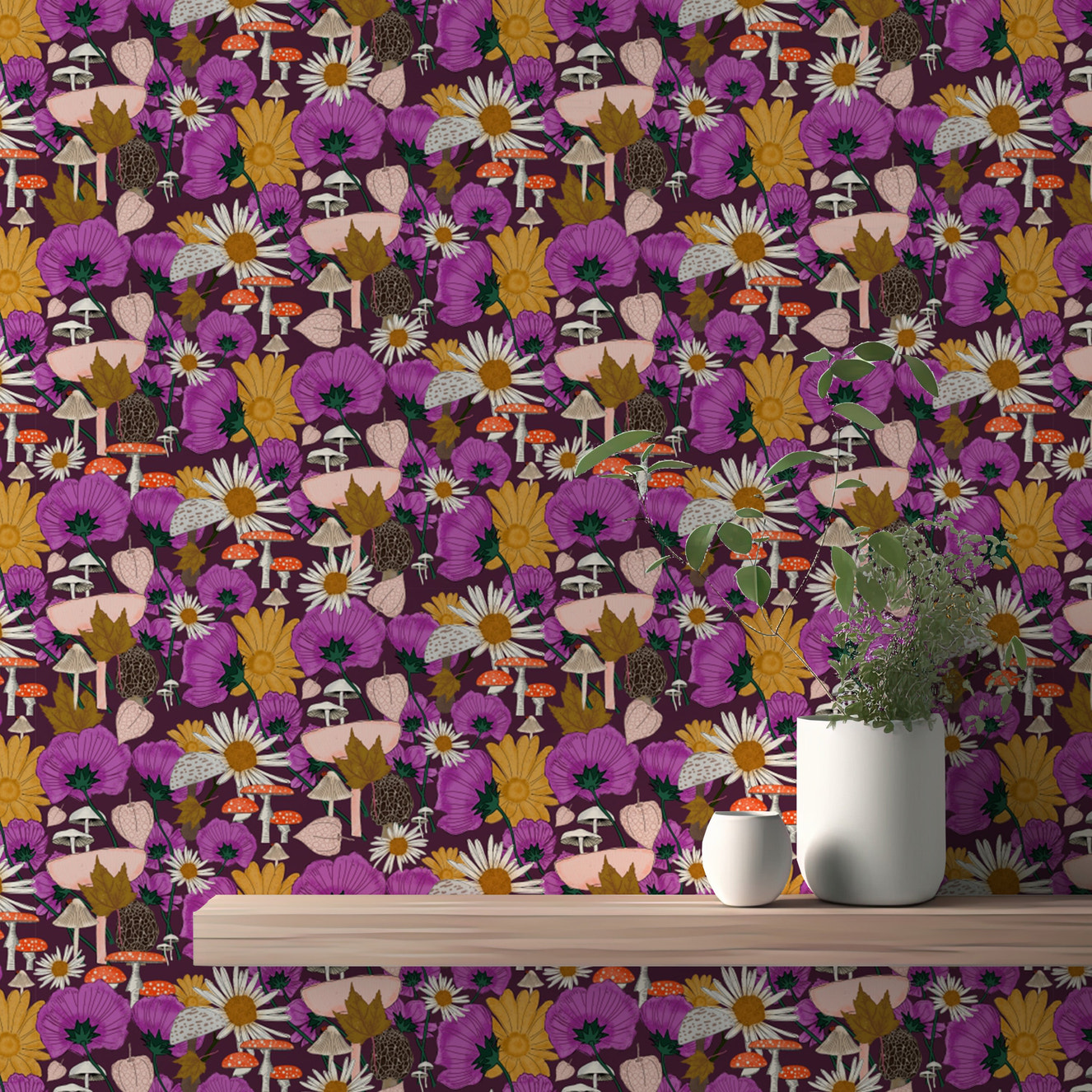 Wild Flowers and Mushrooms Purple Wallpaper design