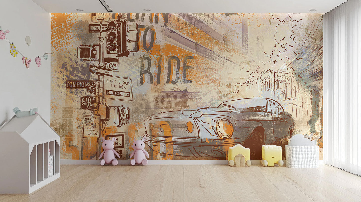 Retro car wallpaper for kids room with Mustang vibe