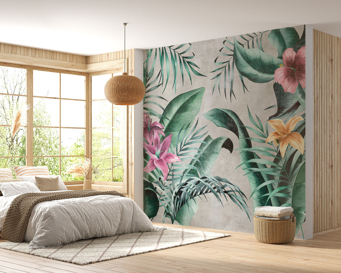 Rustic Floral Large Green Leaves Wallpaper Mural - Giffywalls