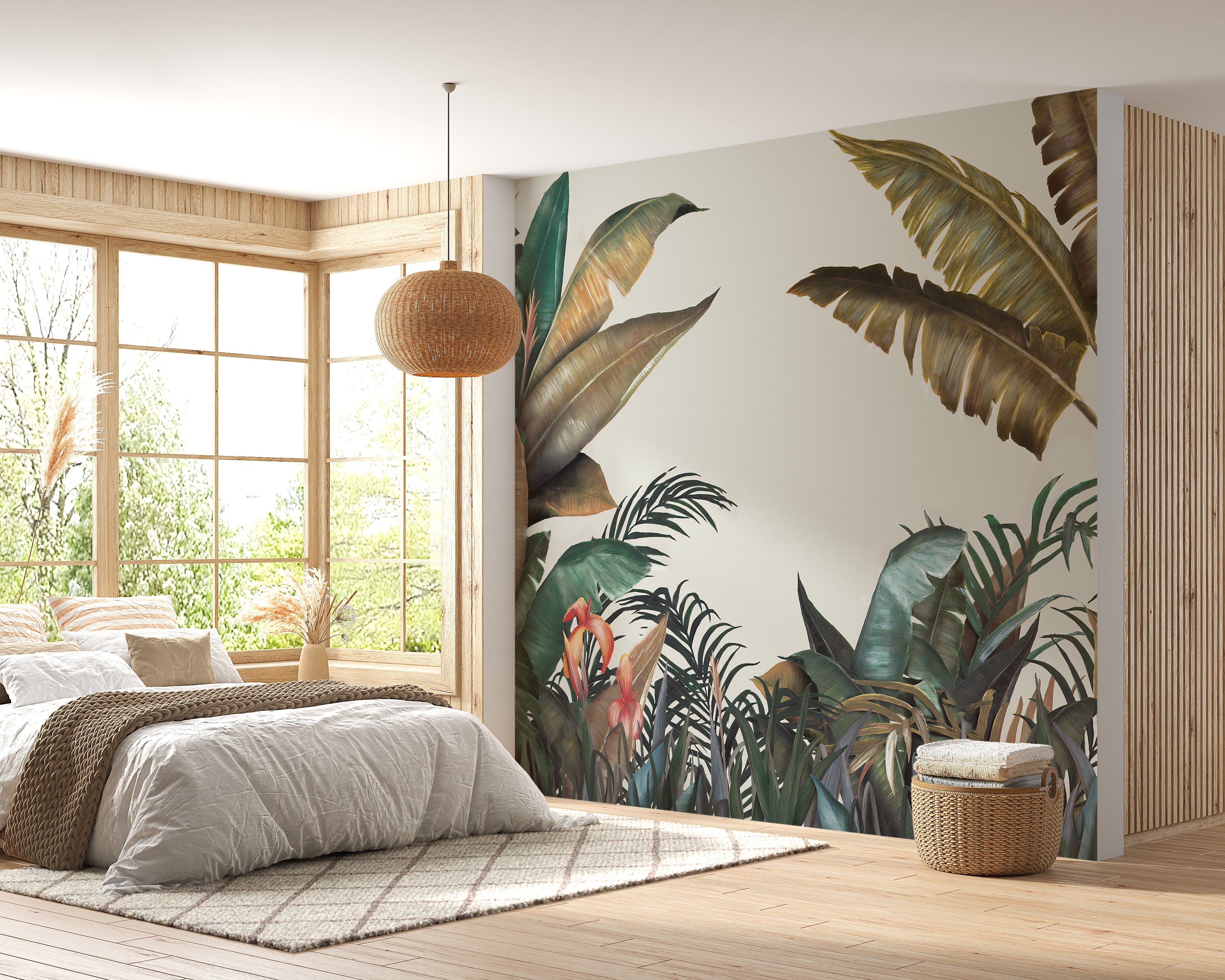 Green & Dusty Yellow Tropical Leaves Wallpaper Mural - Giffywalls