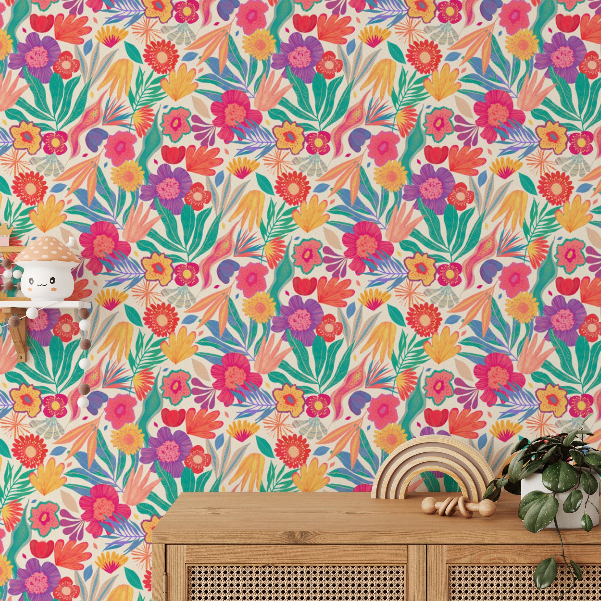 Stunning wallpaper mural featuring colorful exotic blooms.
